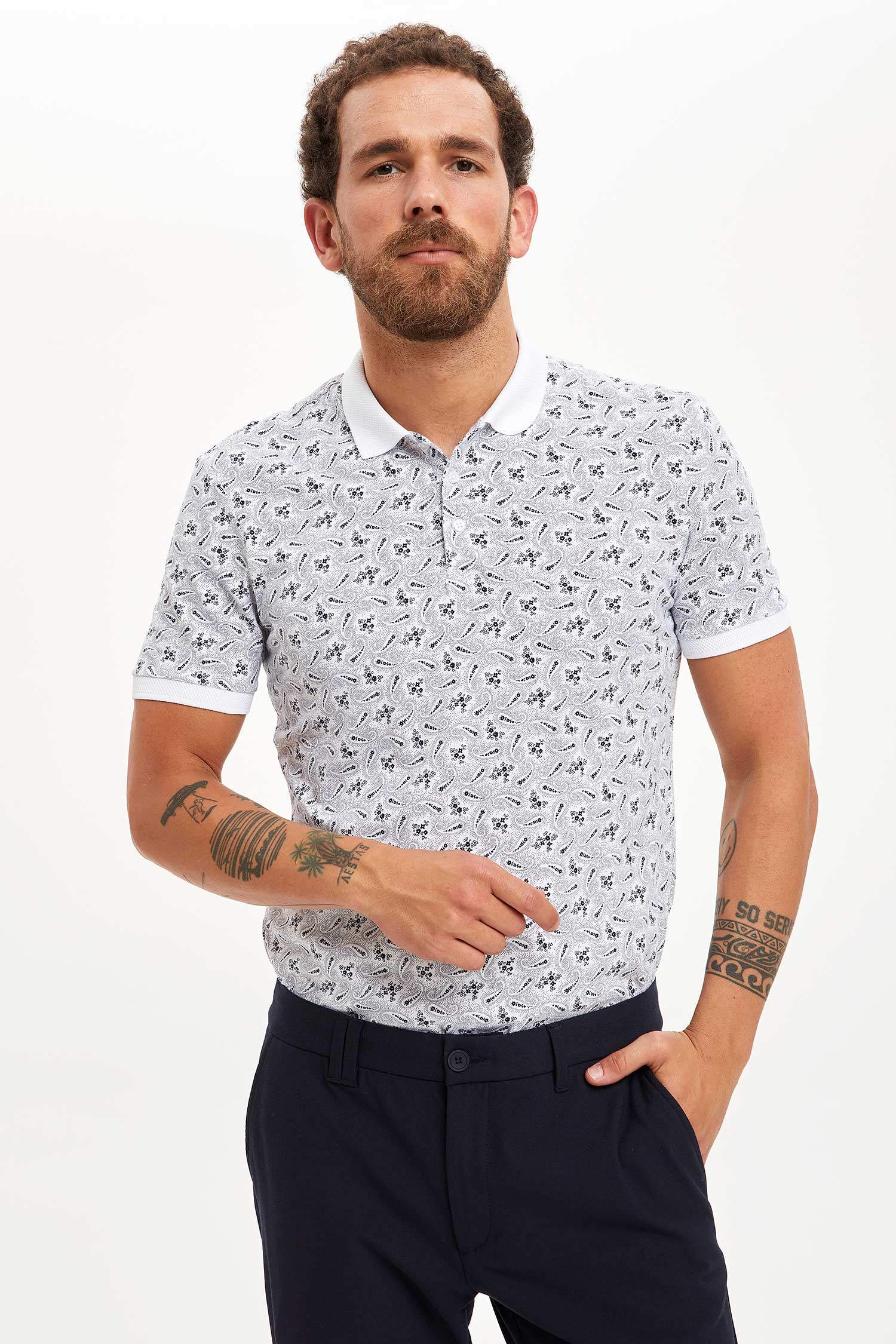 Geometrik Desenli Slim Fit Polo Yaka Tişört