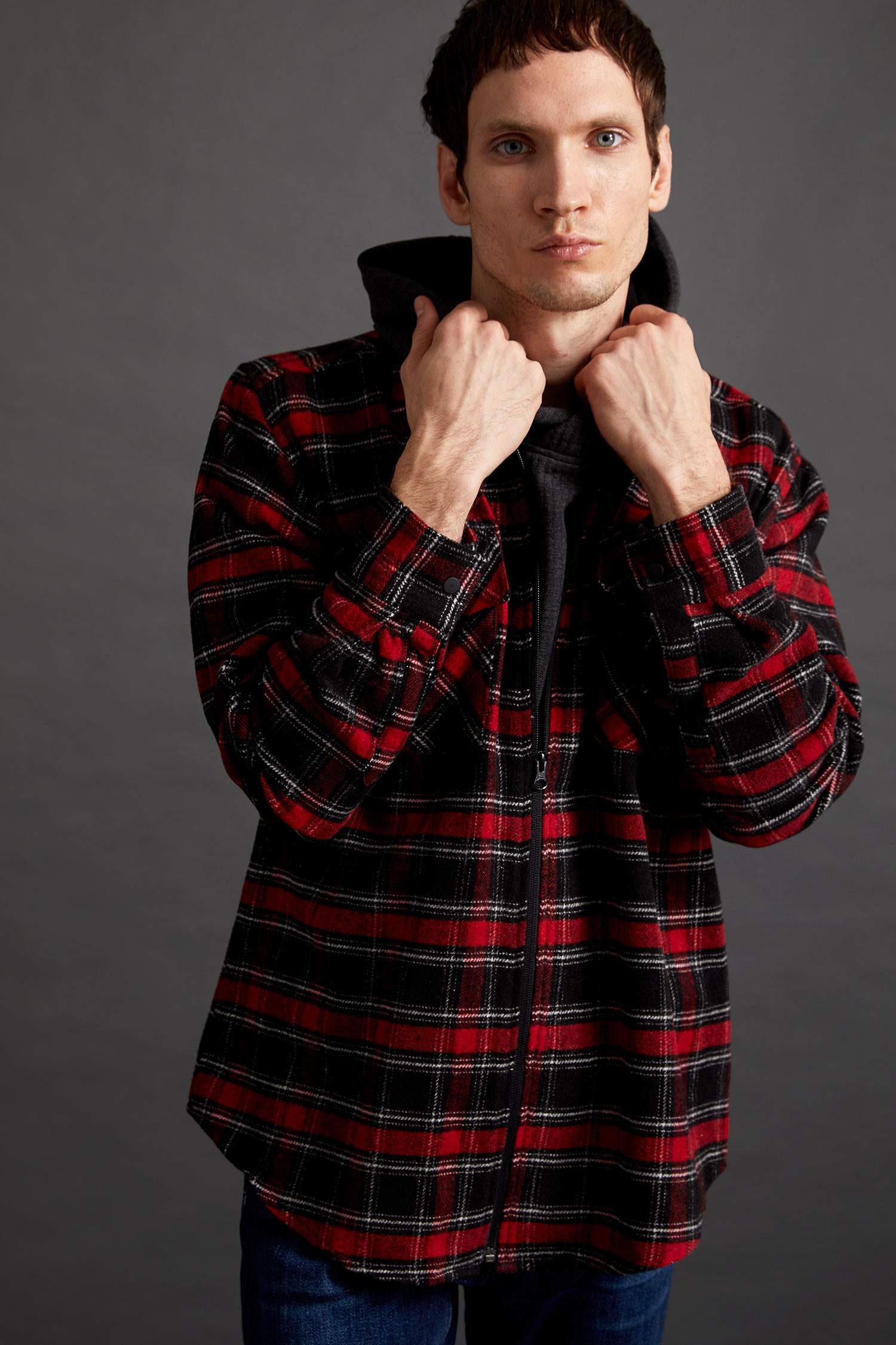 Modern Fit Ekose Desenli Fermuarlı Oduncu Gömlek Ceket