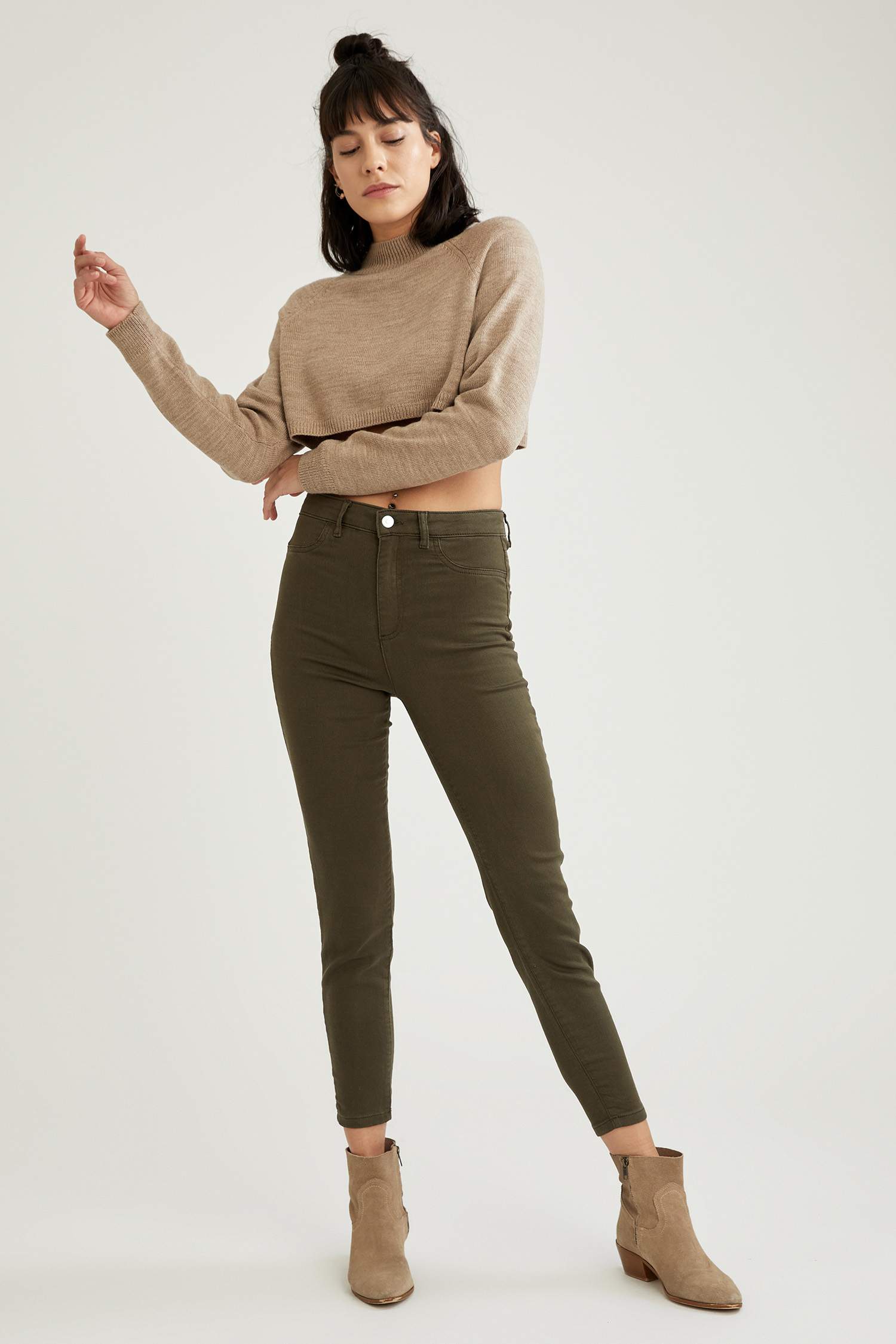 Yüksek Bel Pantolon Görünümlü Skinny Fit Tayt