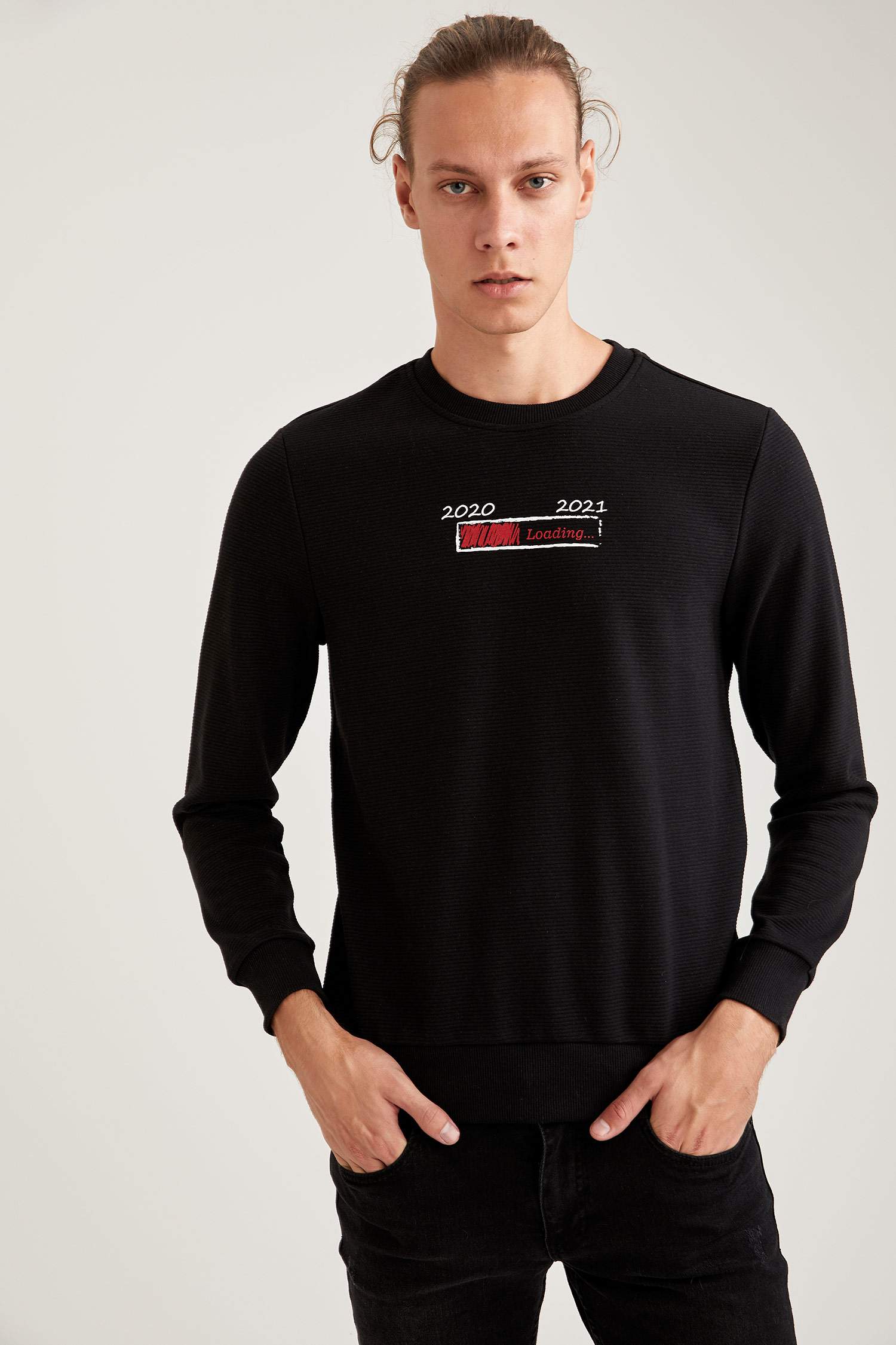 Yılbaşı Baskılı Bisiklet Yaka Slim Fit Sweatshirt