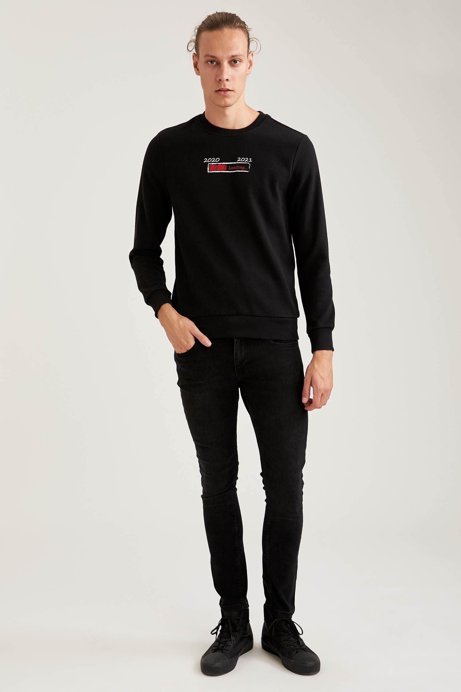 Yılbaşı Baskılı Bisiklet Yaka Slim Fit Sweatshirt