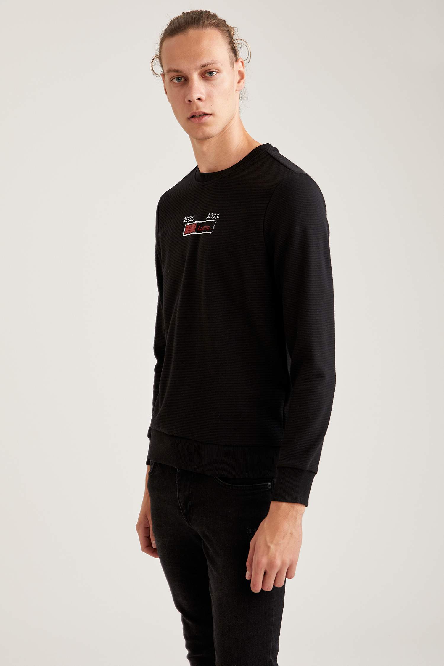 Yılbaşı Baskılı Bisiklet Yaka Slim Fit Sweatshirt