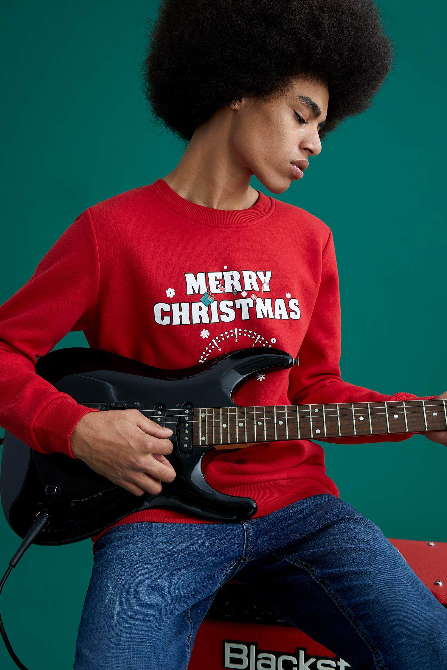 Yılbaşı Temalı Slim Fit Bisiklet Yaka Uzun Kollu İçi Yumuşak Tüylü Sweatshirt
