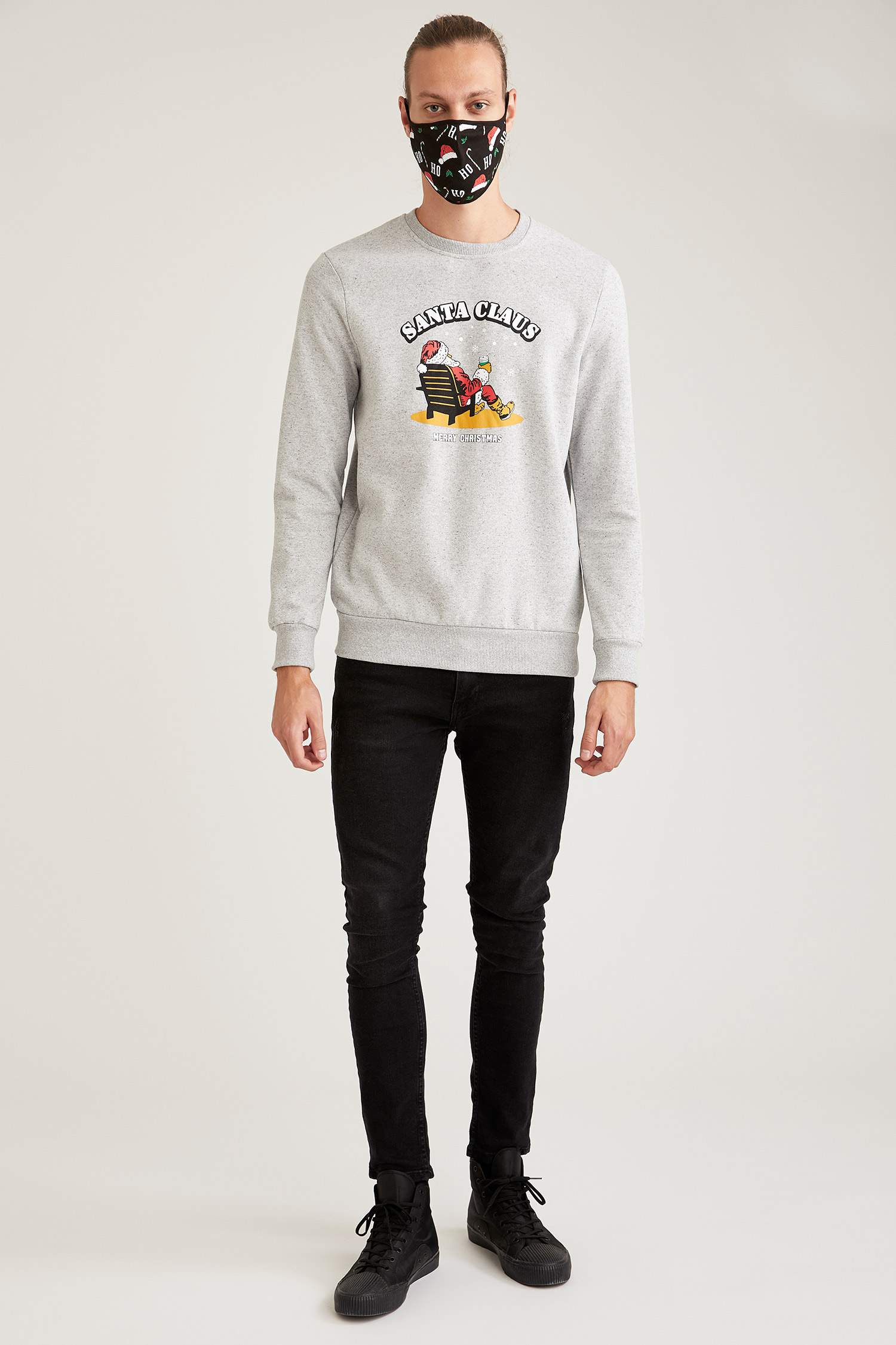 Baskılı Bisiklet Yaka Slim Fit Sweatshirt ve Maske