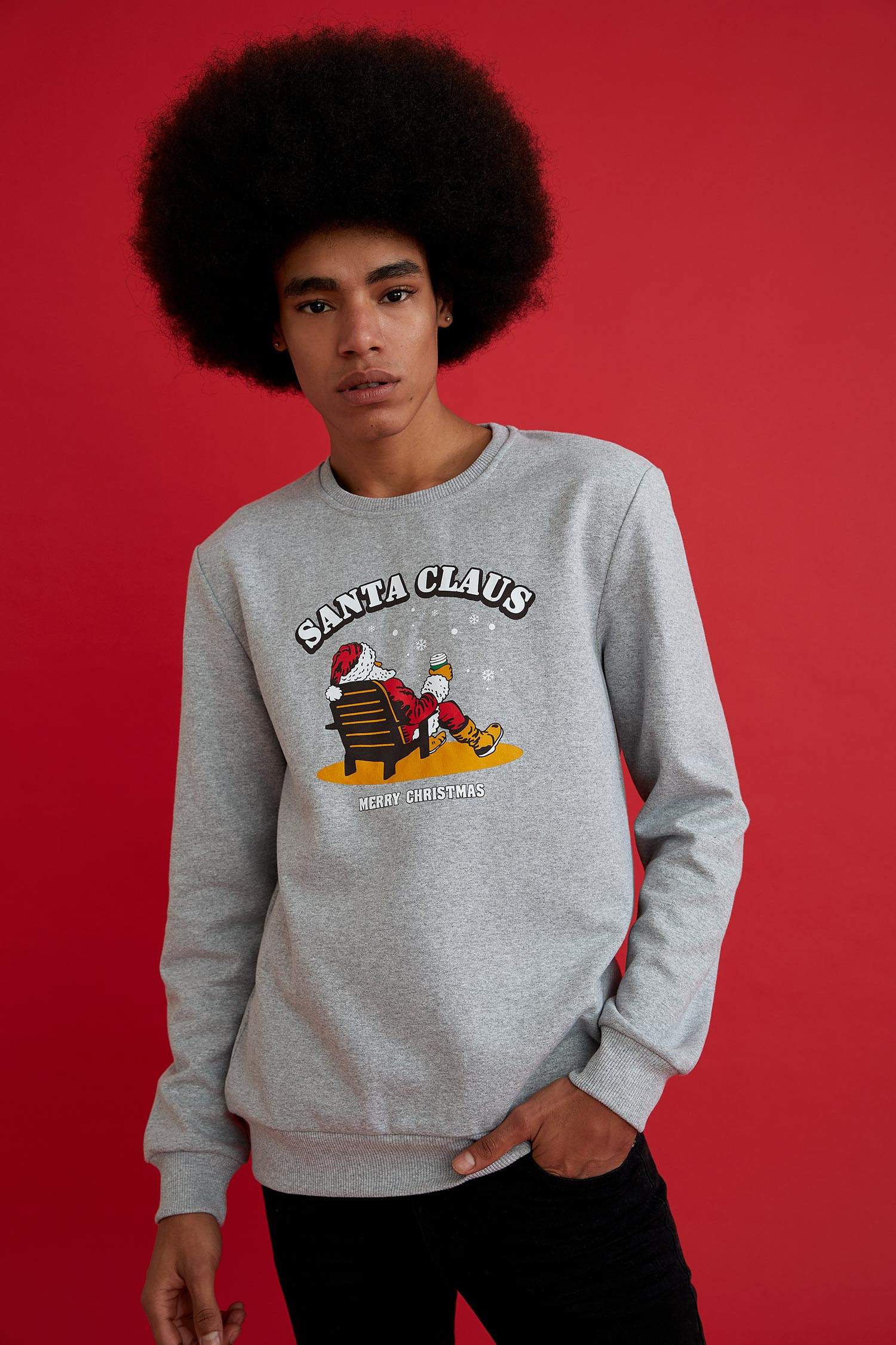 Baskılı Bisiklet Yaka Slim Fit Sweatshirt ve Maske