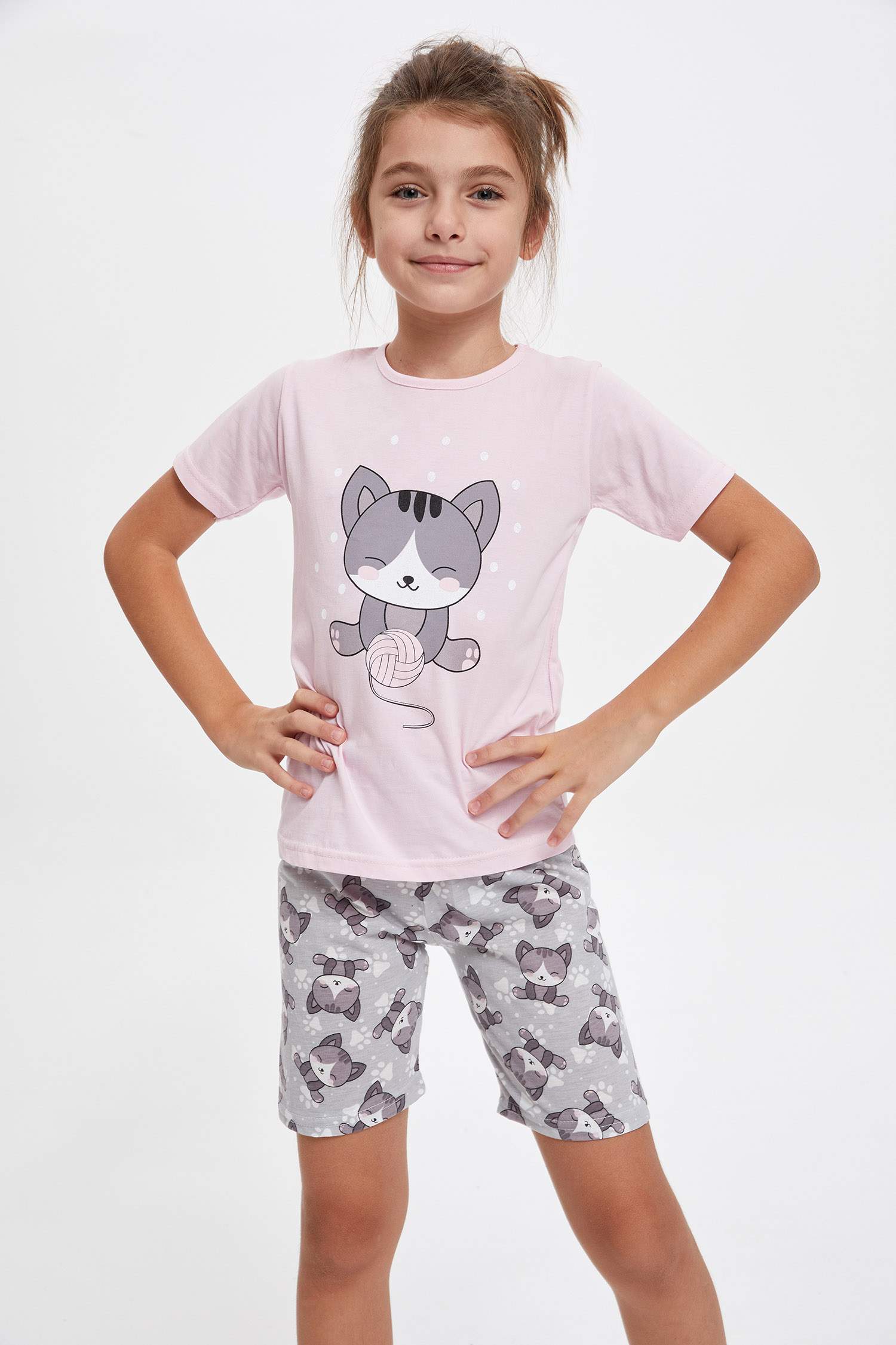 Kız Çocuk Kedi Baskılı Kısa Kollu Pijama Takımı