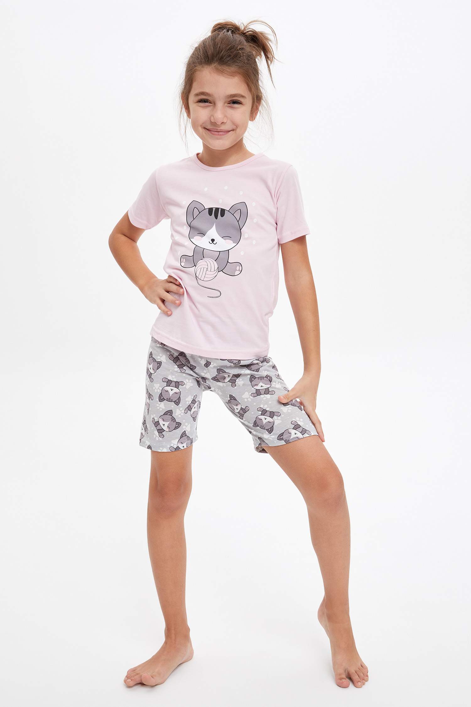 Kız Çocuk Kedi Baskılı Kısa Kollu Pijama Takımı