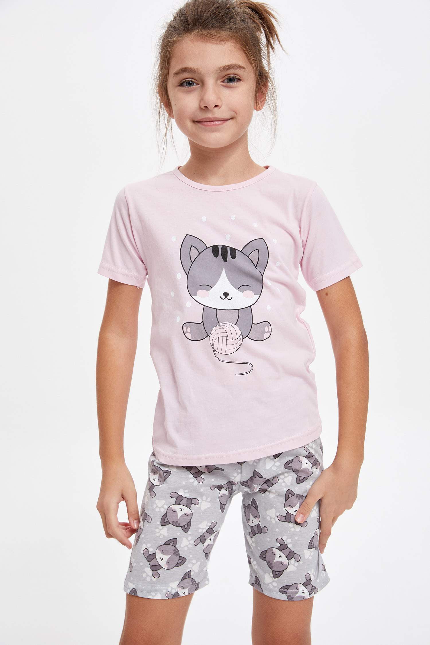 Kız Çocuk Kedi Baskılı Kısa Kollu Pijama Takımı