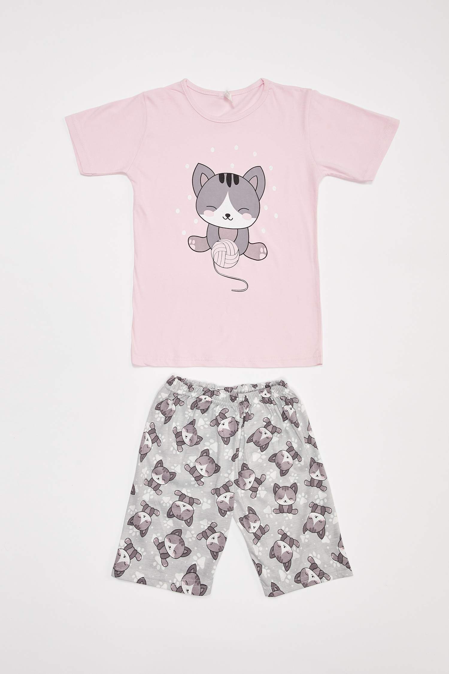 Kız Çocuk Kedi Baskılı Kısa Kollu Pijama Takımı