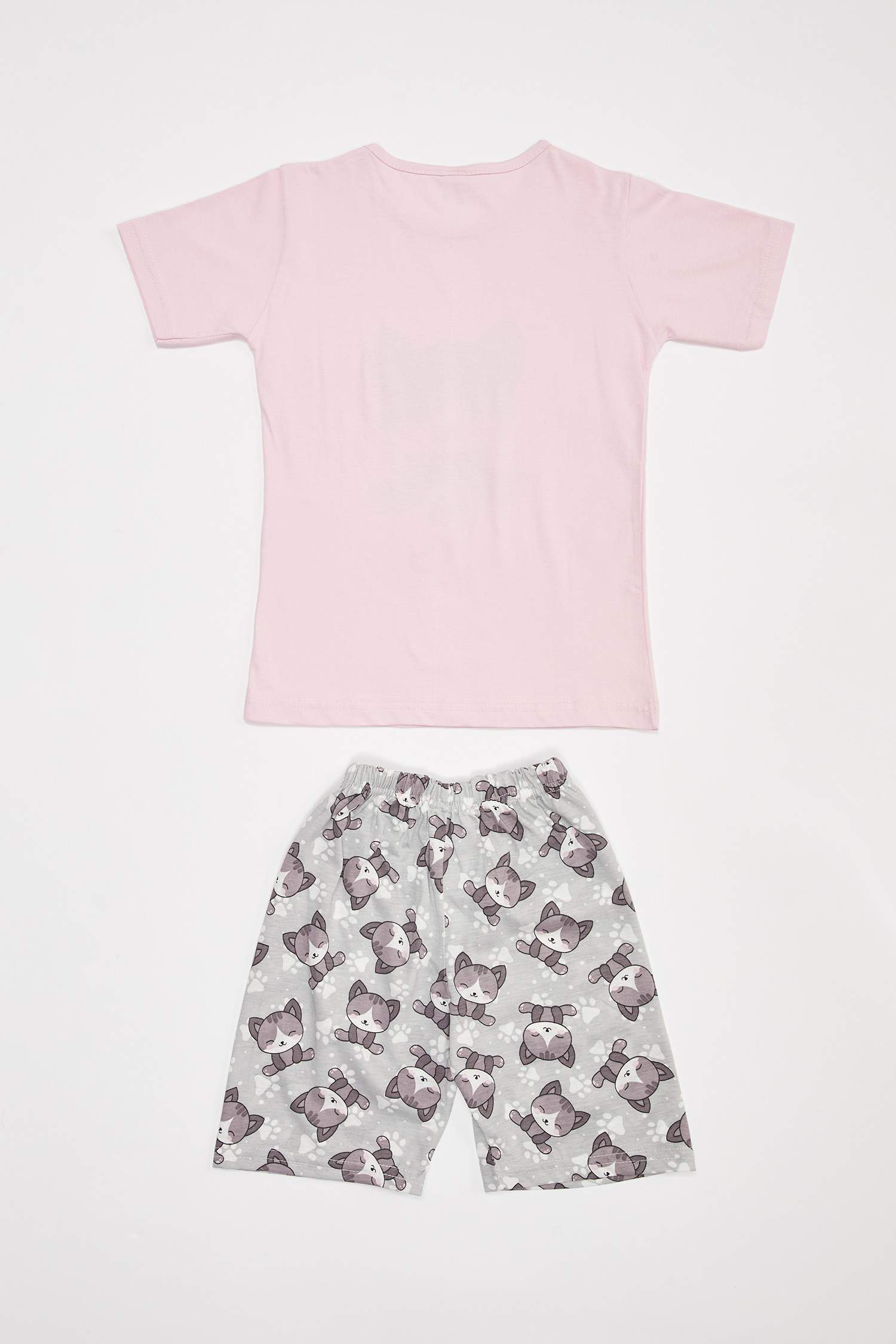 Kız Çocuk Kedi Baskılı Kısa Kollu Pijama Takımı