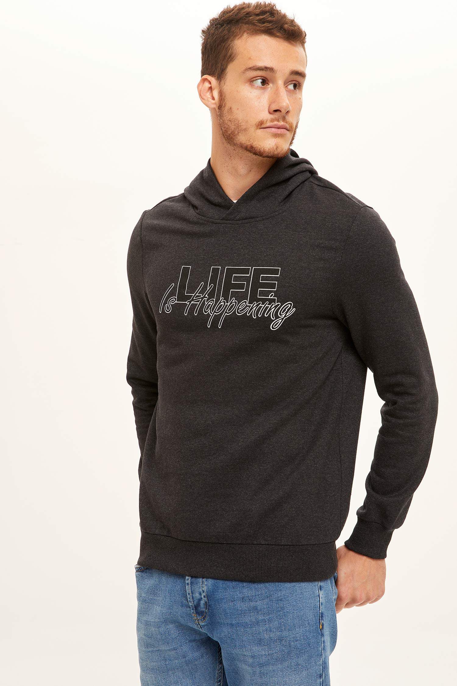 Life Baskılı Slim Fit Kapüşonlu Sweatshirt