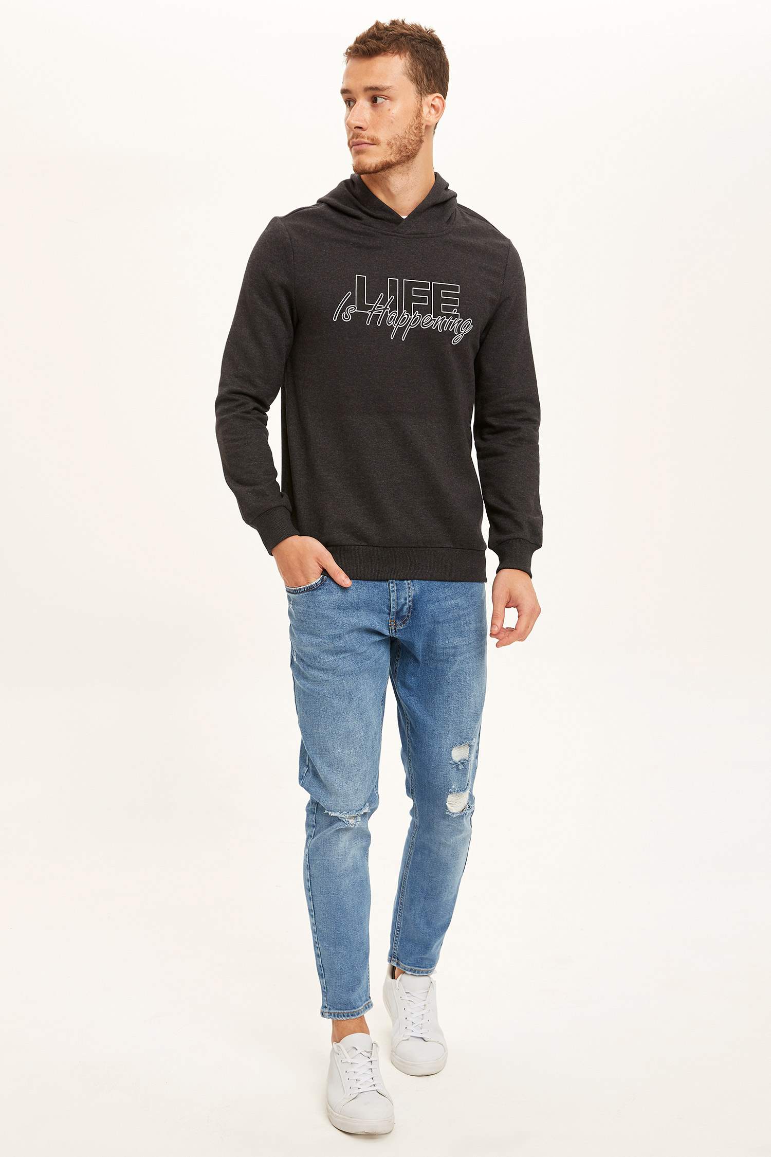 Life Baskılı Slim Fit Kapüşonlu Sweatshirt