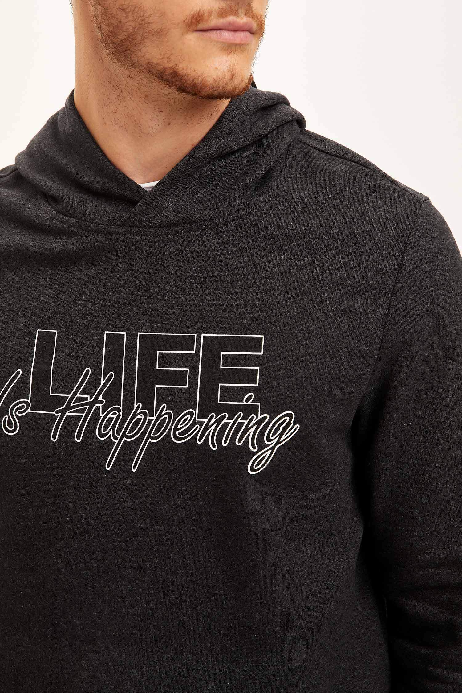 Life Baskılı Slim Fit Kapüşonlu Sweatshirt