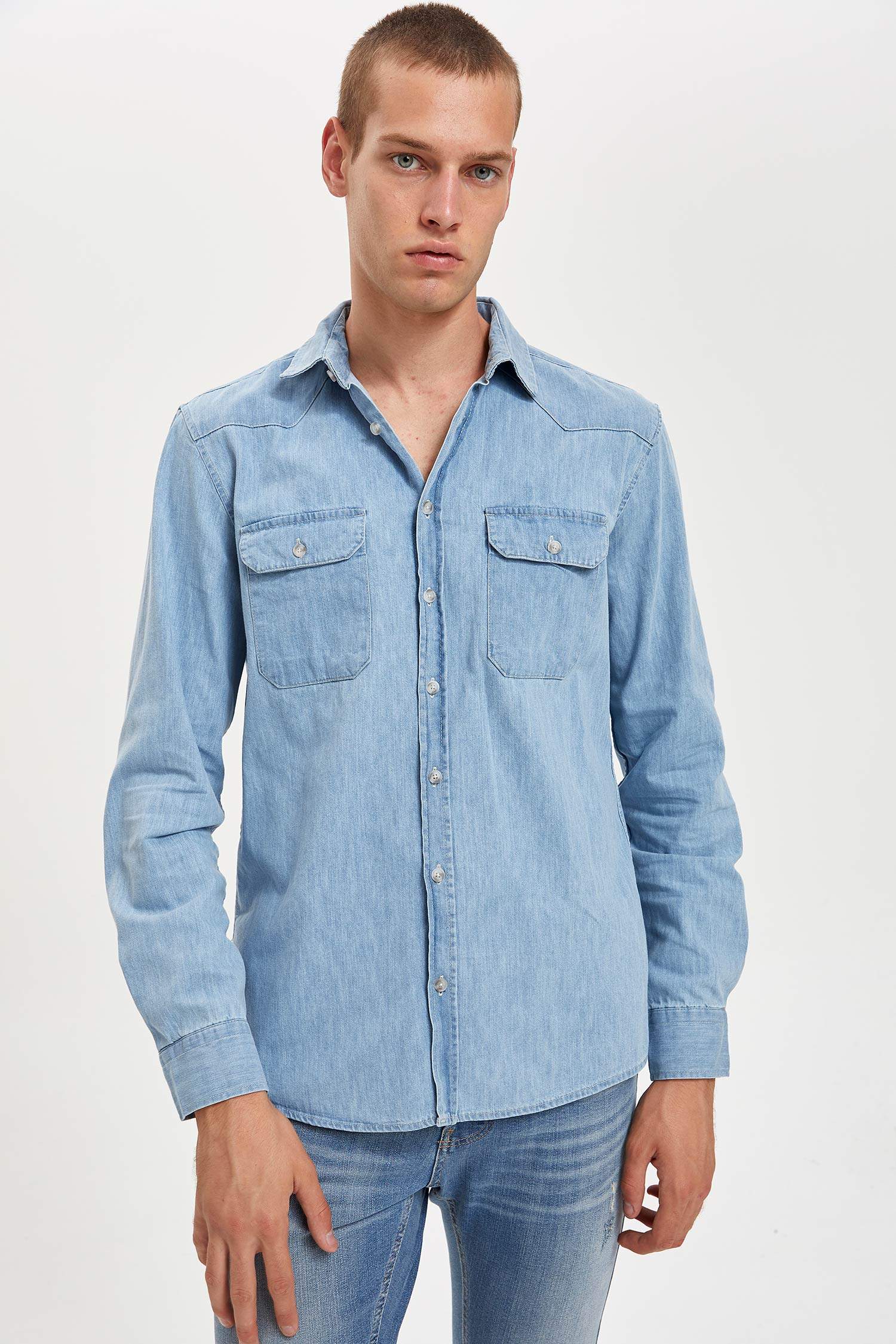 Slim Fit Uzun Kollu Jean Gömlek
