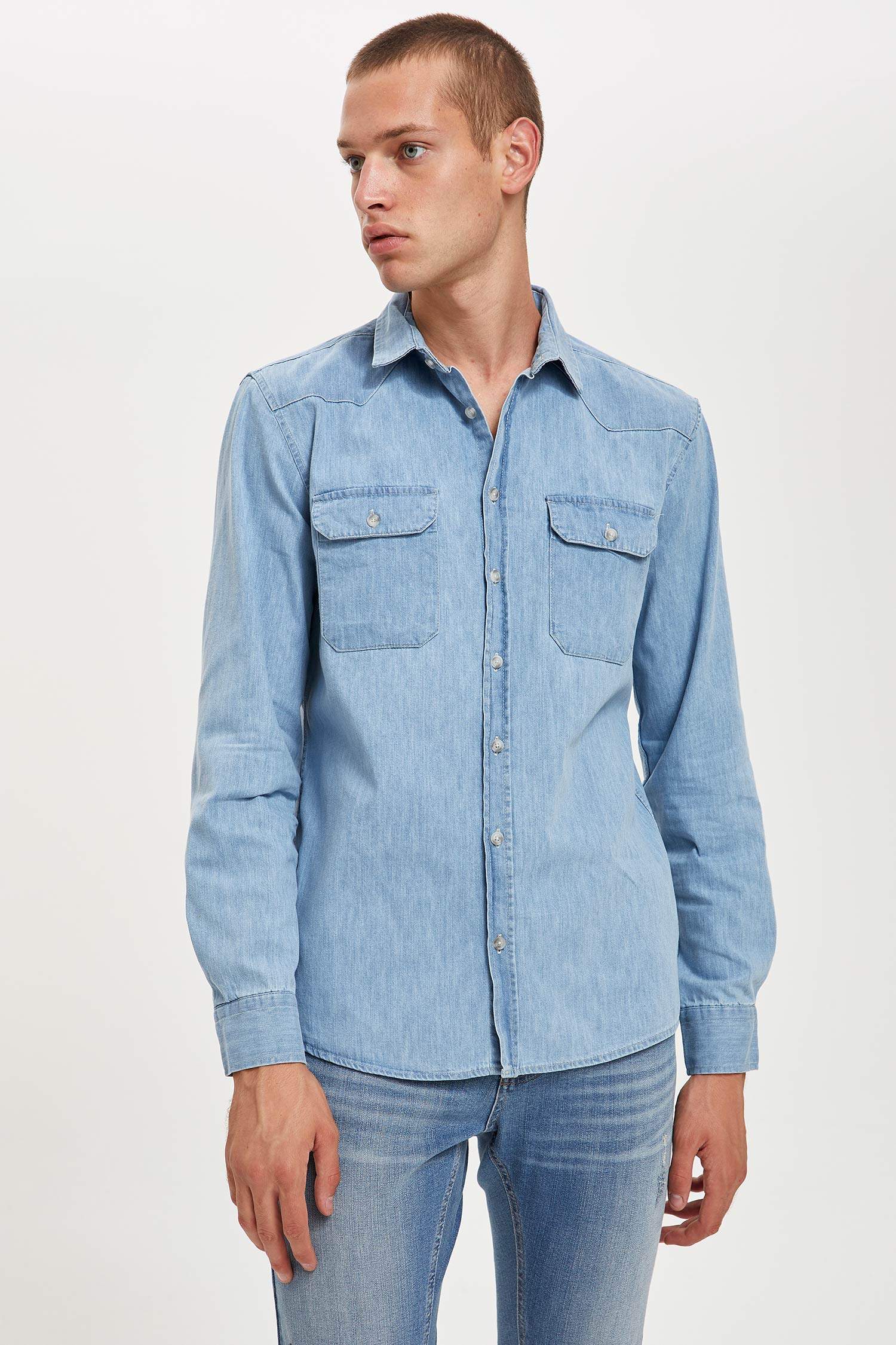 Slim Fit Uzun Kollu Jean Gömlek
