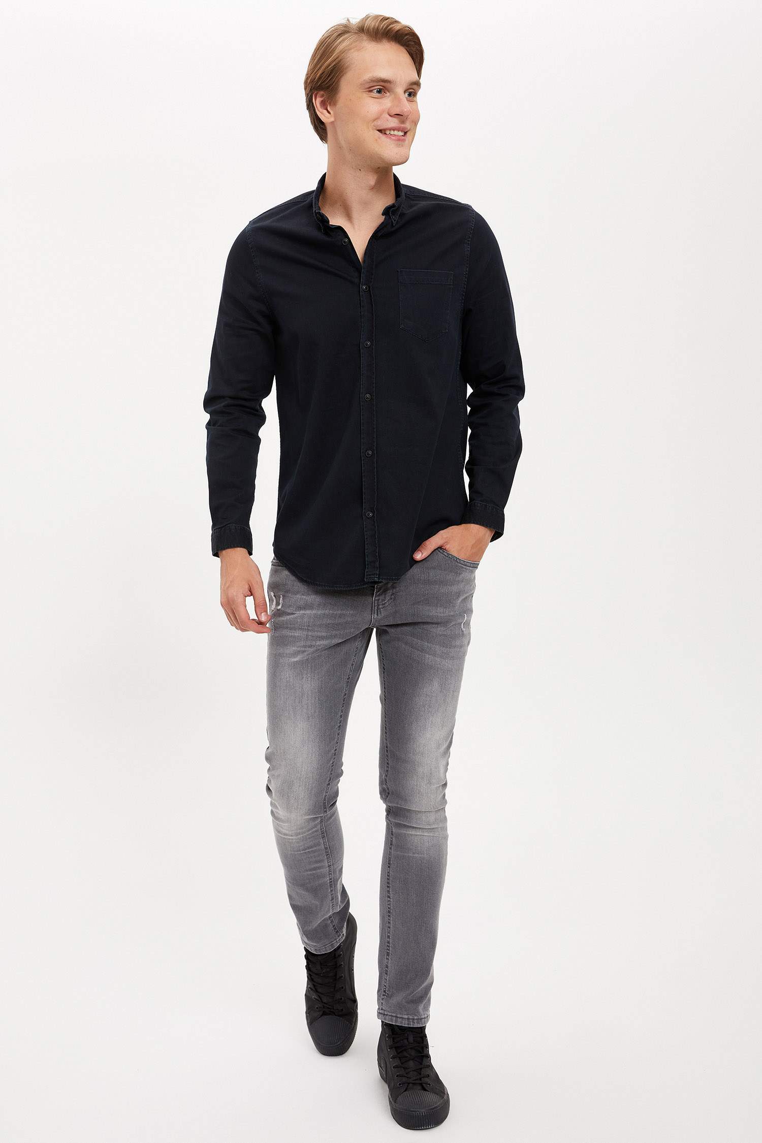 Slim Fit Uzun Kollu Jean Gömlek