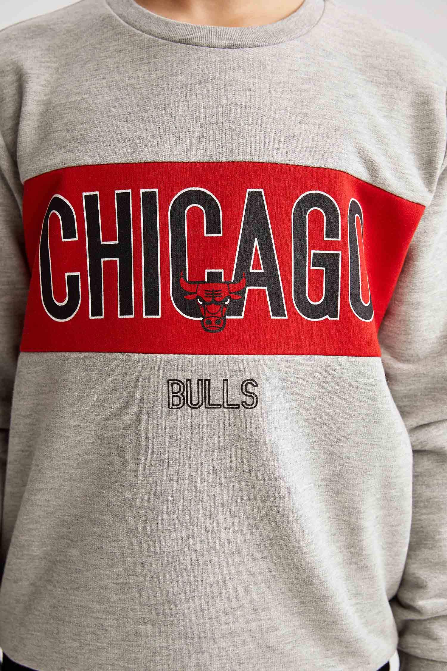 Erkek Çocuk NBA Lisanslı Chicago Bulls Baskılı Bisiklet Yaka İçi Yumuşak Tüylü Sweatshirt