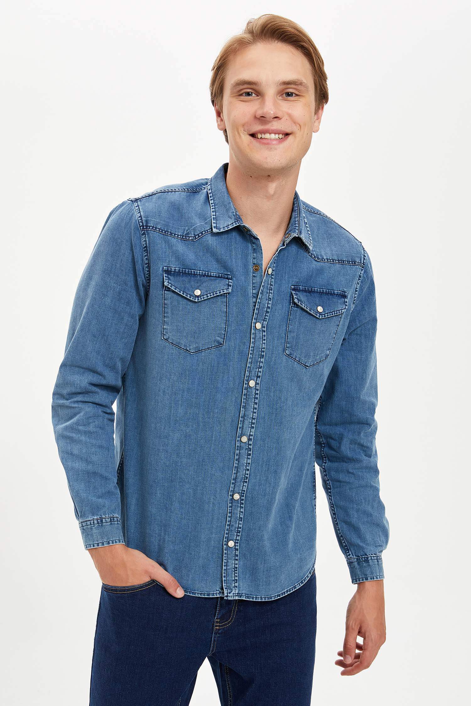 Slim Fit Uzun Kollu Jean Gömlek