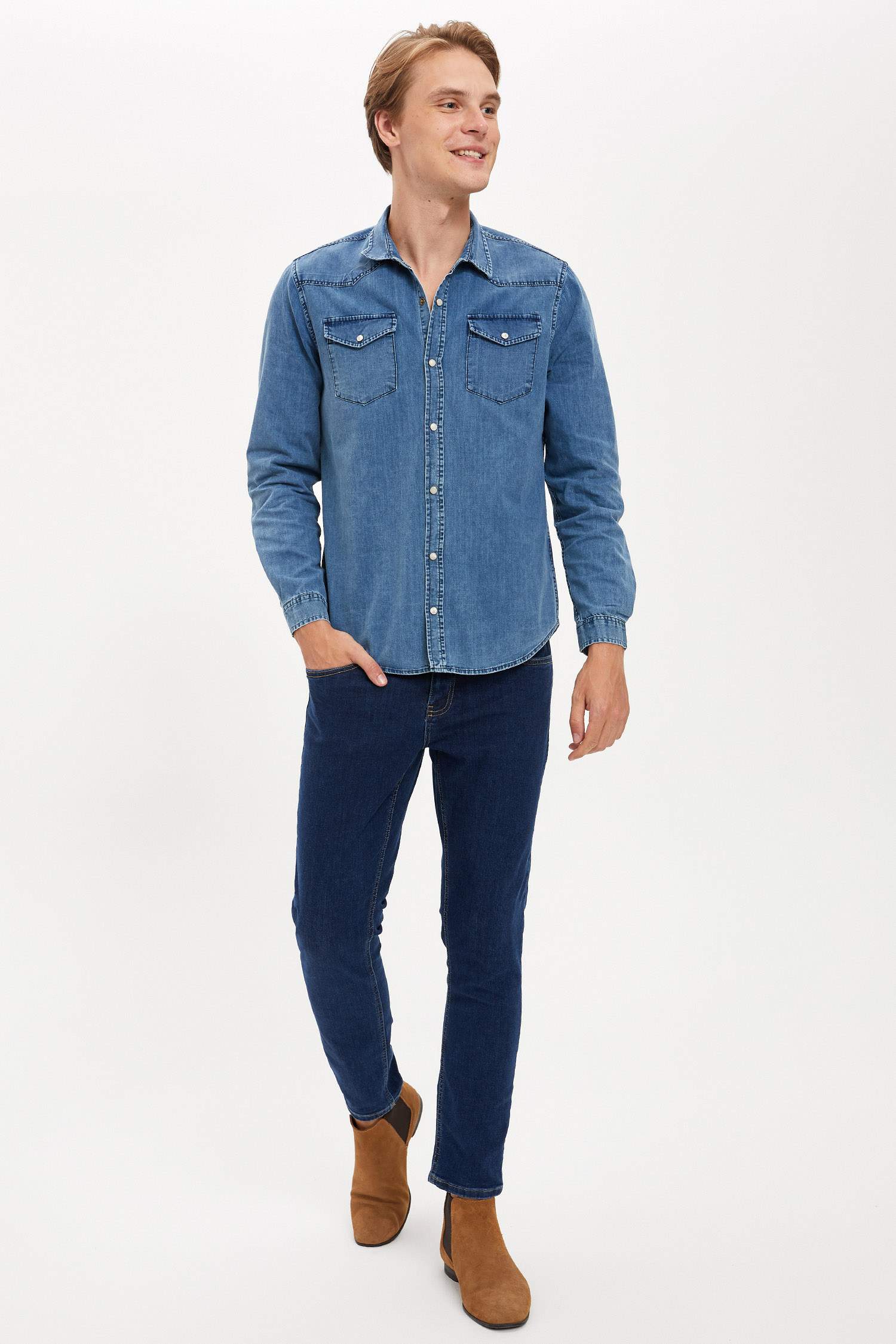 Slim Fit Uzun Kollu Jean Gömlek