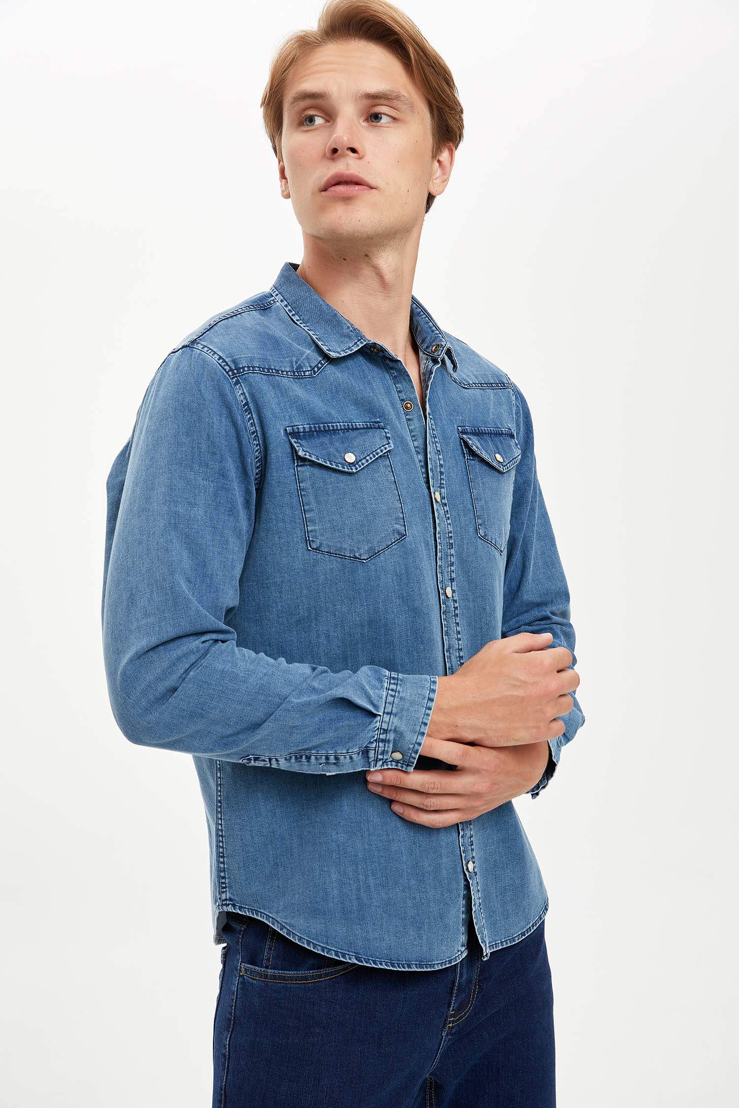 Slim Fit Uzun Kollu Jean Gömlek