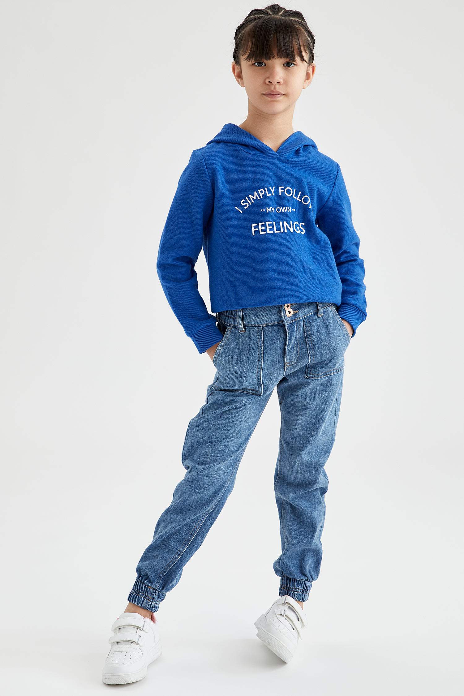 Kız Çocuk Yazı Baskılı Kapüşonlu Selanik Kumaş Sweatshirt