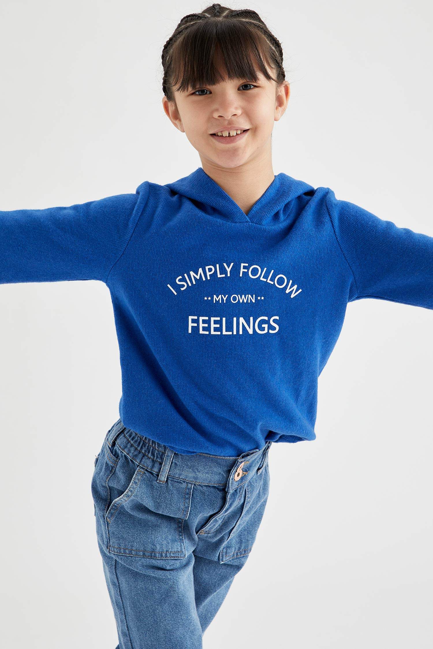 Kız Çocuk Yazı Baskılı Kapüşonlu Selanik Kumaş Sweatshirt