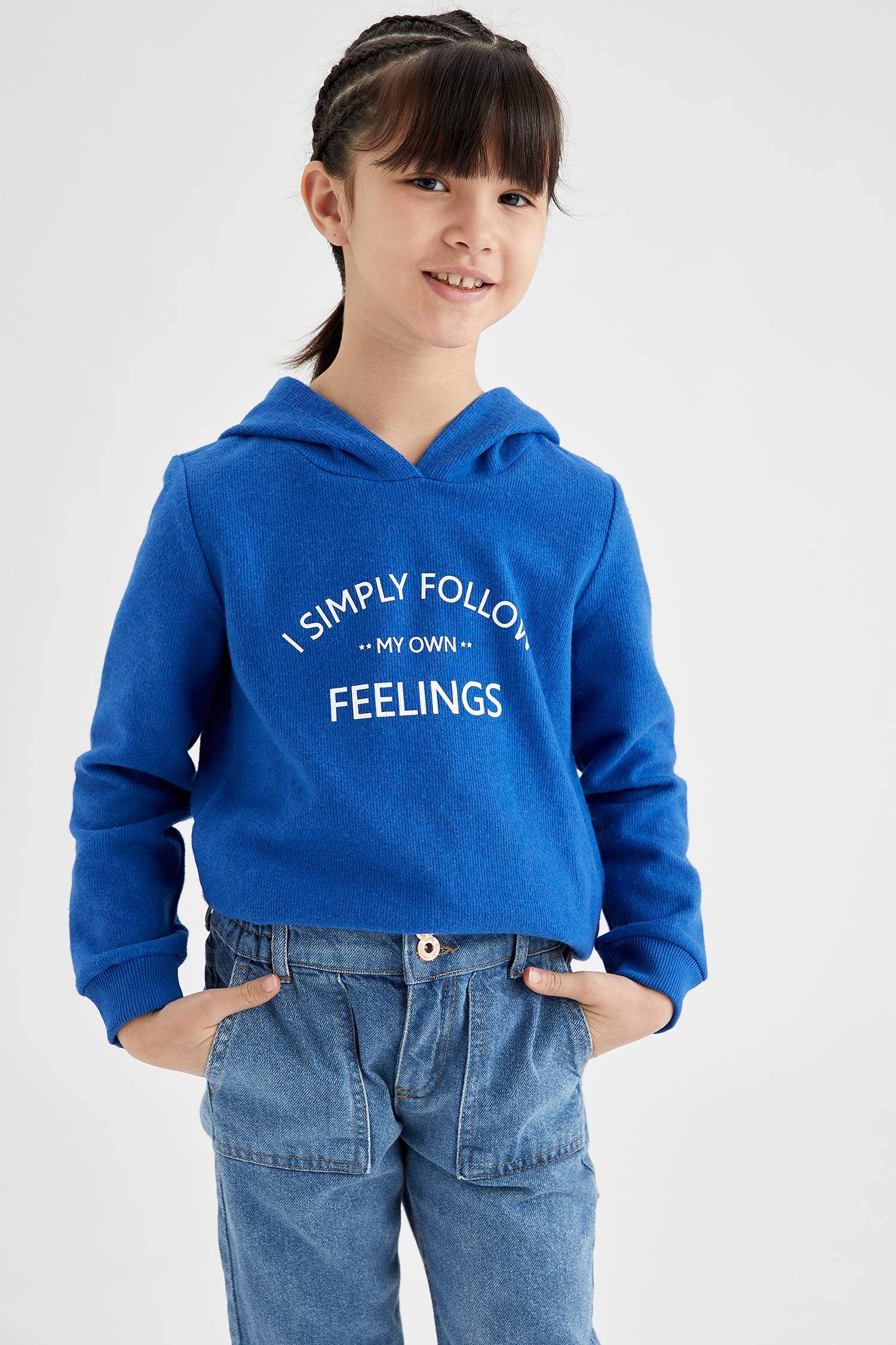 Kız Çocuk Yazı Baskılı Kapüşonlu Selanik Kumaş Sweatshirt