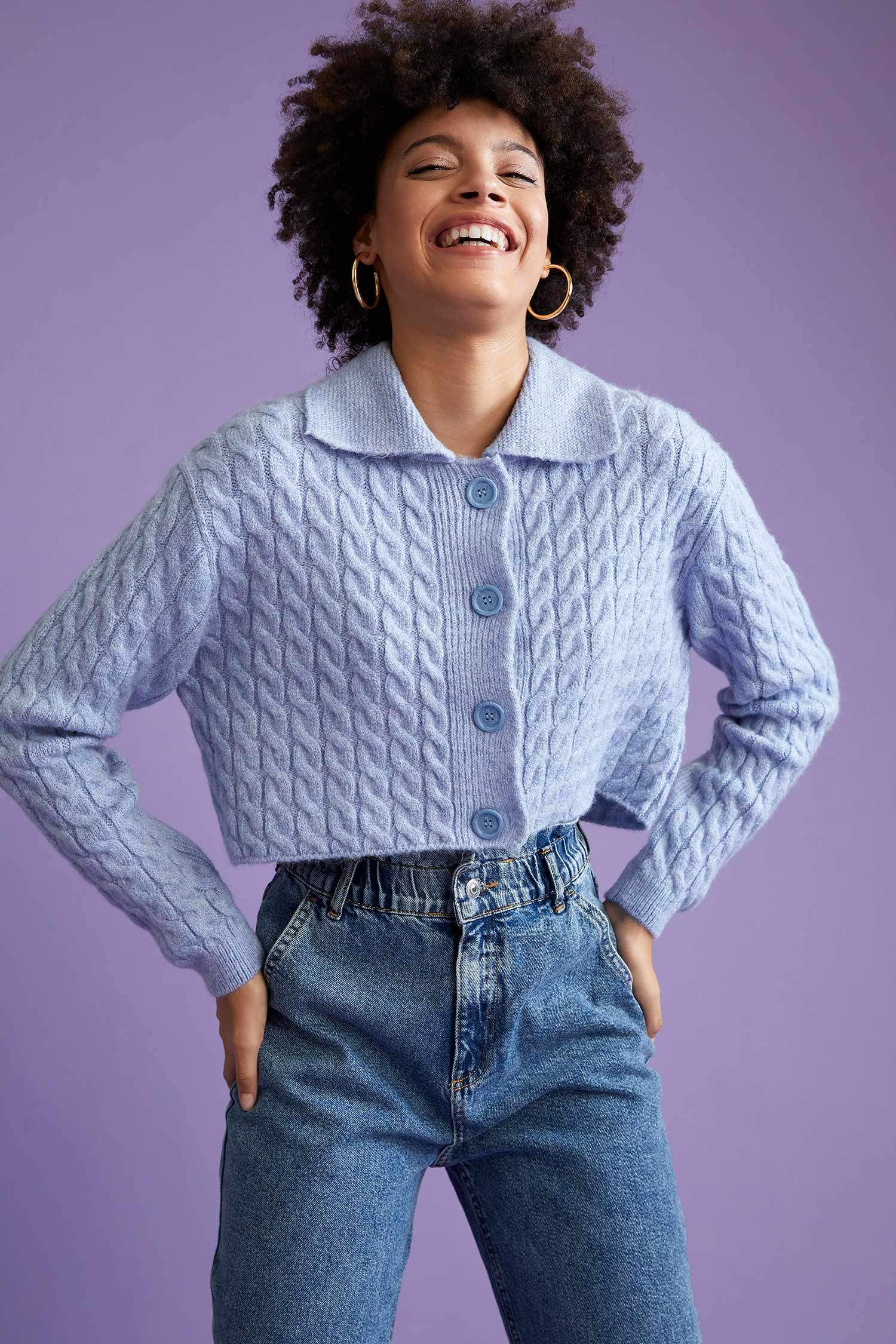 Coool Polo Yaka Örgü Desenli Crop Triko Hırka