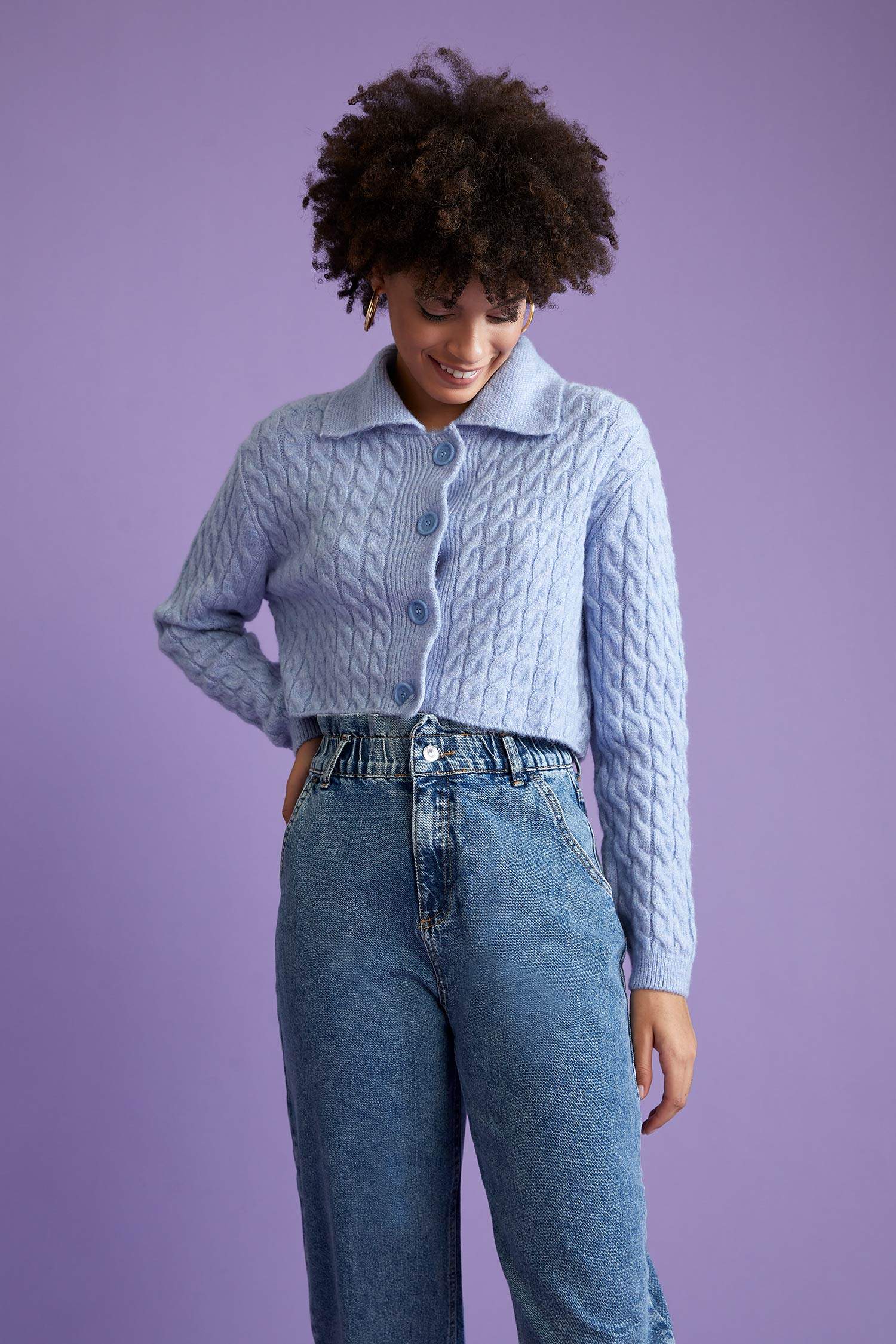 Coool Polo Yaka Örgü Desenli Crop Triko Hırka