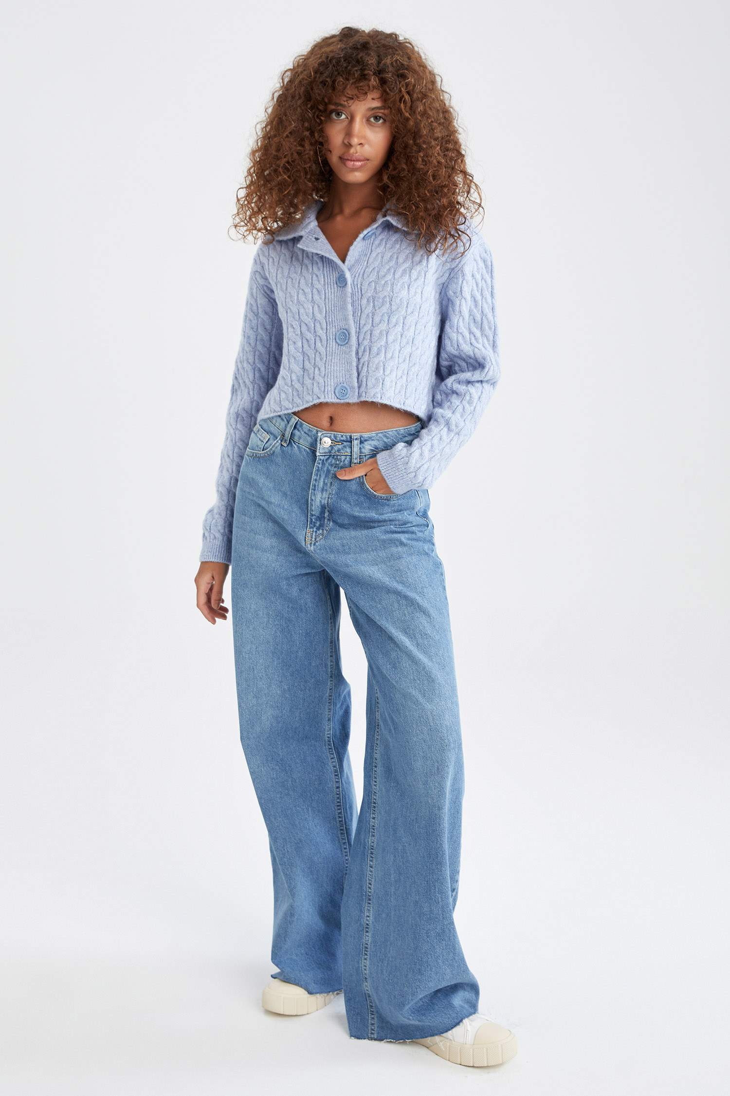 Coool Polo Yaka Örgü Desenli Crop Triko Hırka