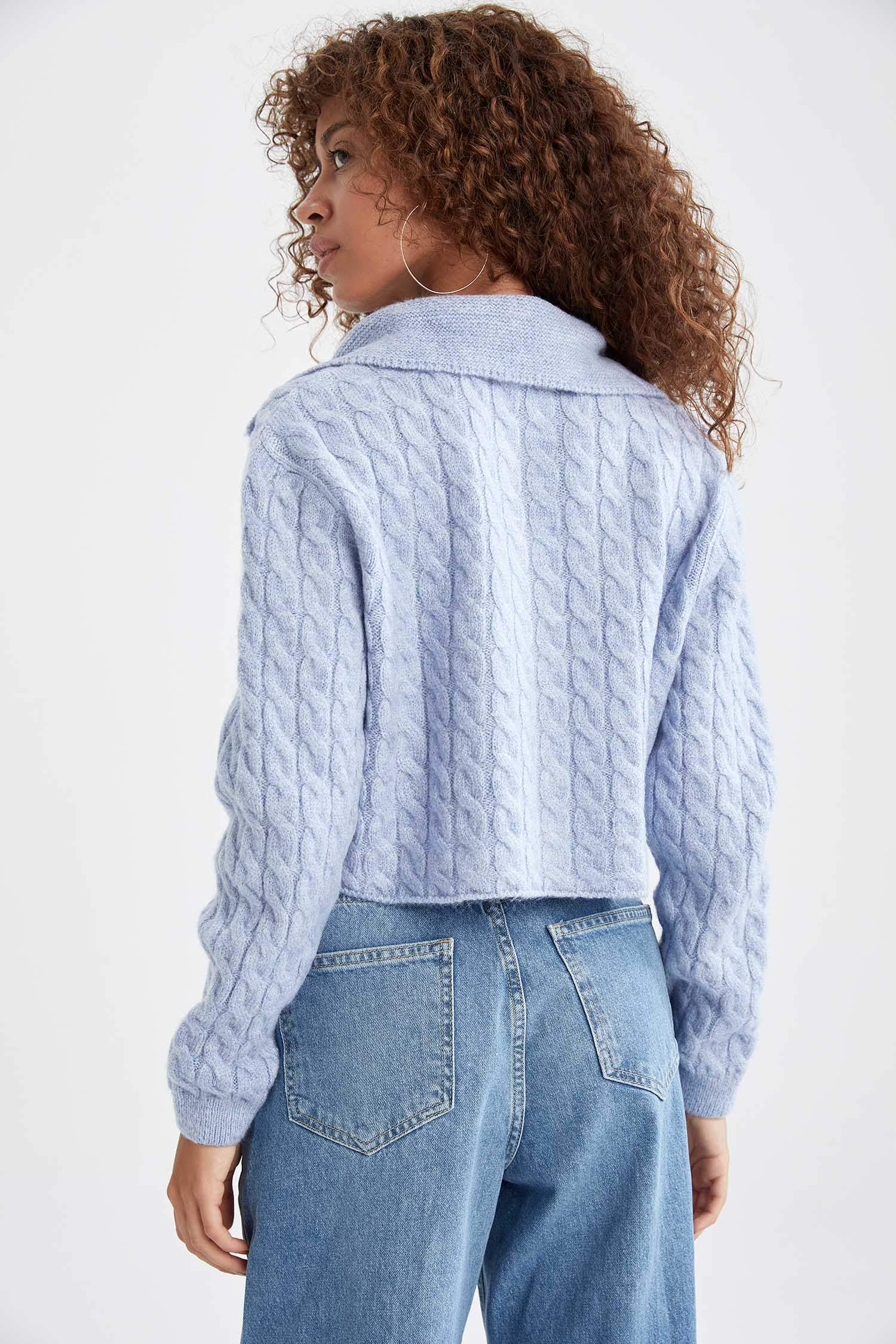 Coool Polo Yaka Örgü Desenli Crop Triko Hırka