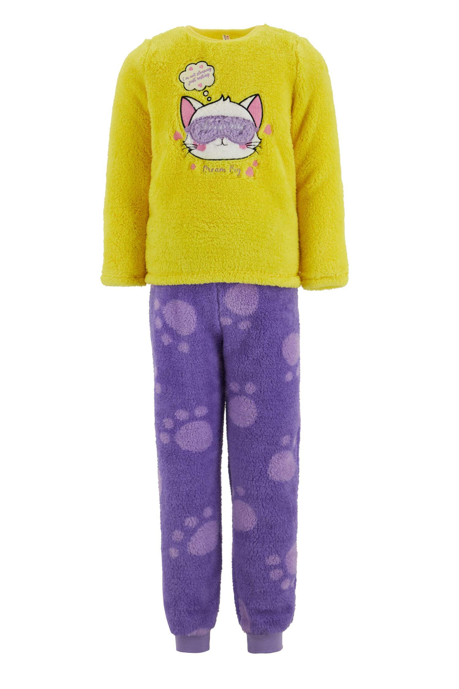Kız Çocuk Baskılı Pelüş Uzun Kollu Pijama Takım