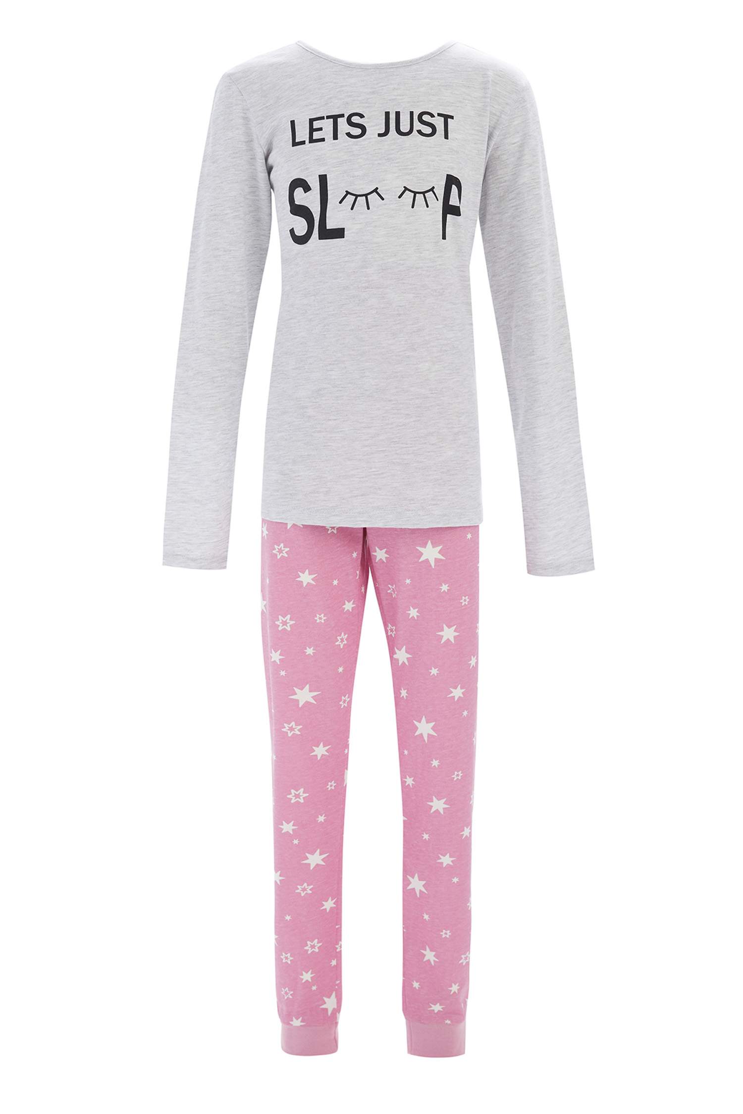 Kız Çocuk Slogan Baskılı Pamuklu Uzun Kollu Pijama Takım