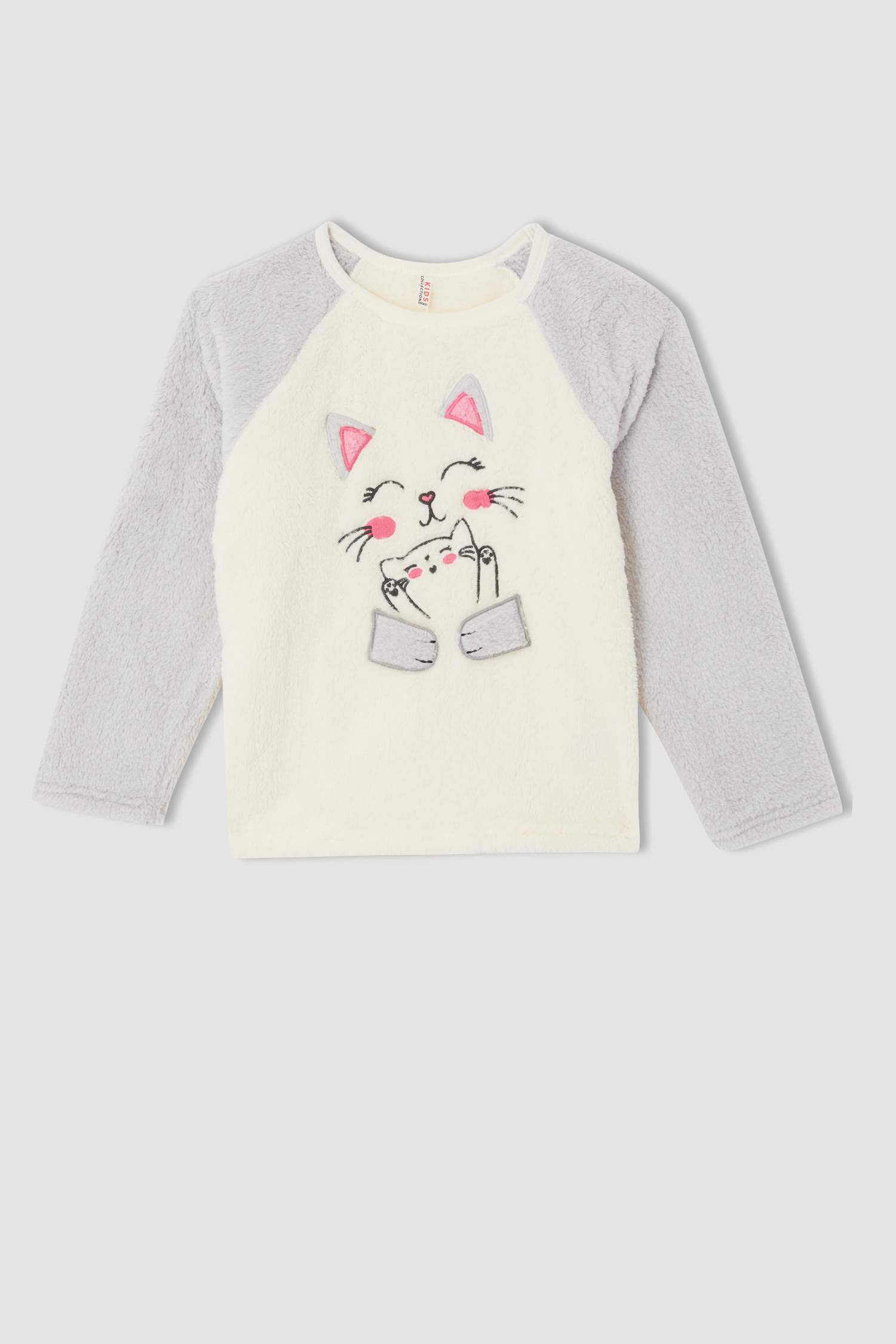 Kız Çocuk Kedi Baskılı Peluş Uzun Kollu Pijama Takımı
