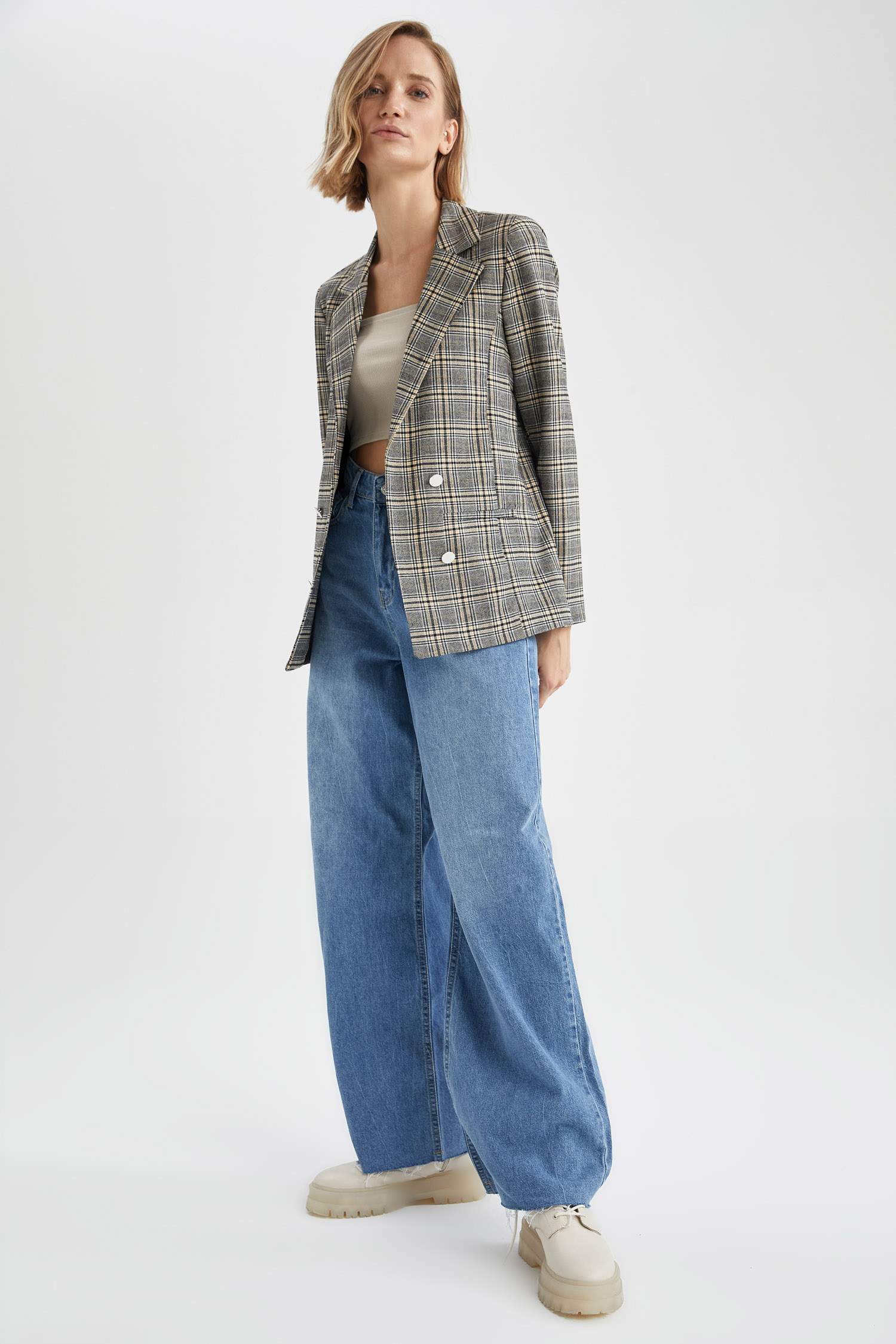 Kareli Fleto Cepli Relax Fit Uzun Kollu Blazer Ceket