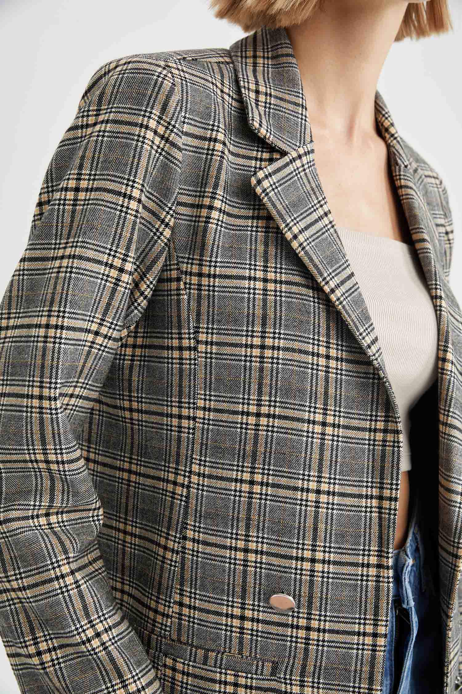 Kareli Fleto Cepli Relax Fit Uzun Kollu Blazer Ceket