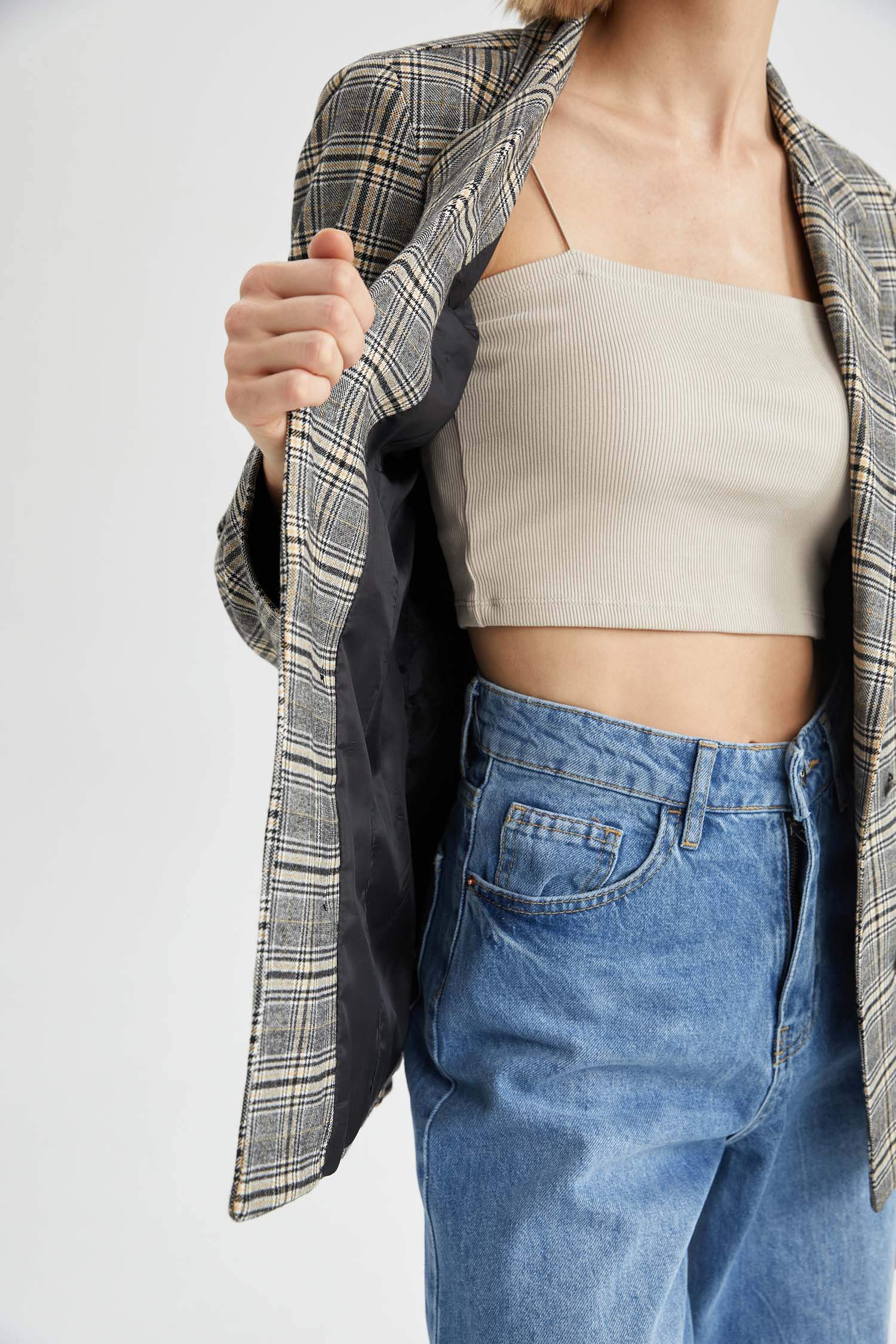 Kareli Fleto Cepli Relax Fit Uzun Kollu Blazer Ceket