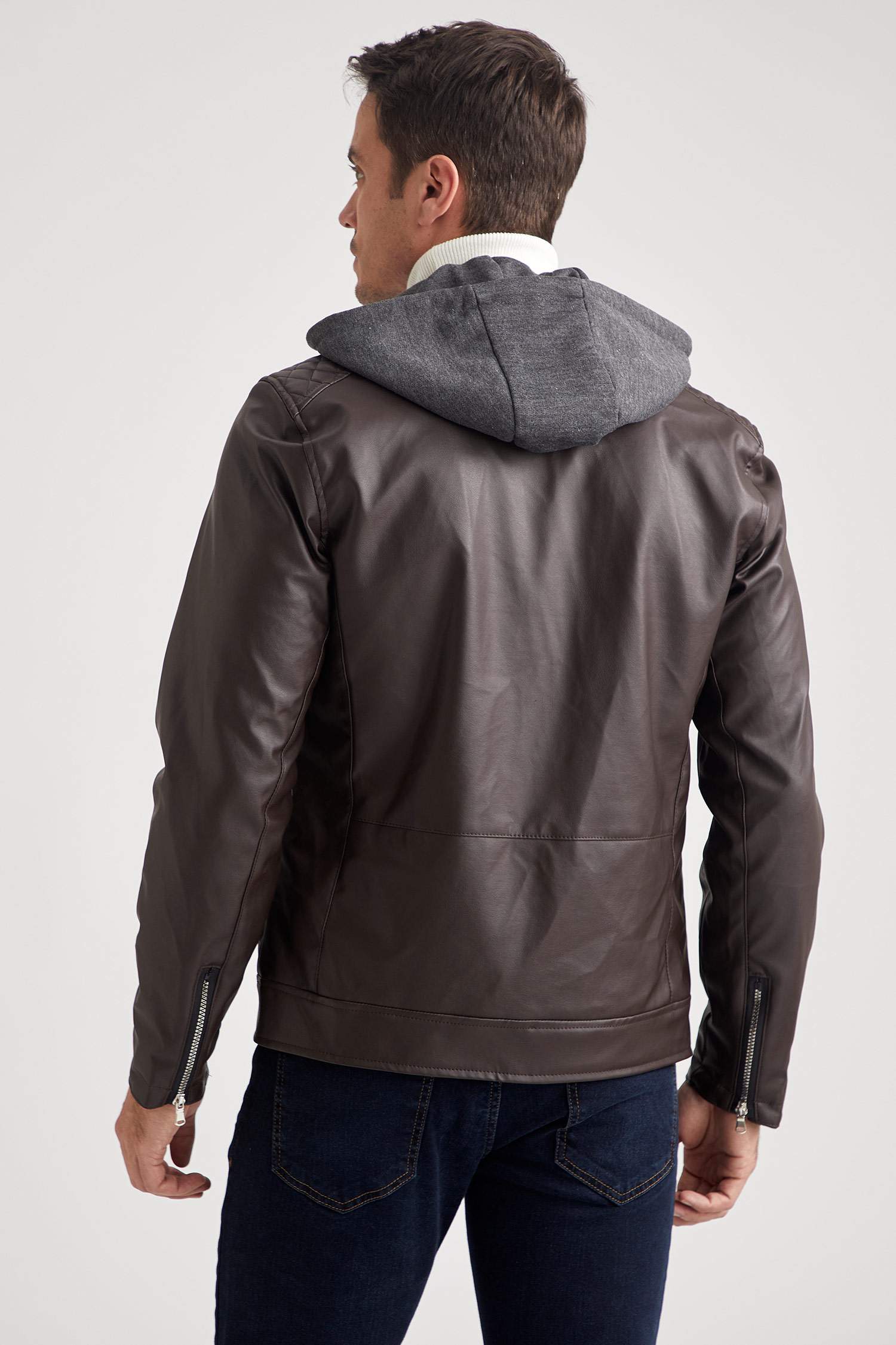Örme Kapüşonlu Slim Fit Suni Deri Mont