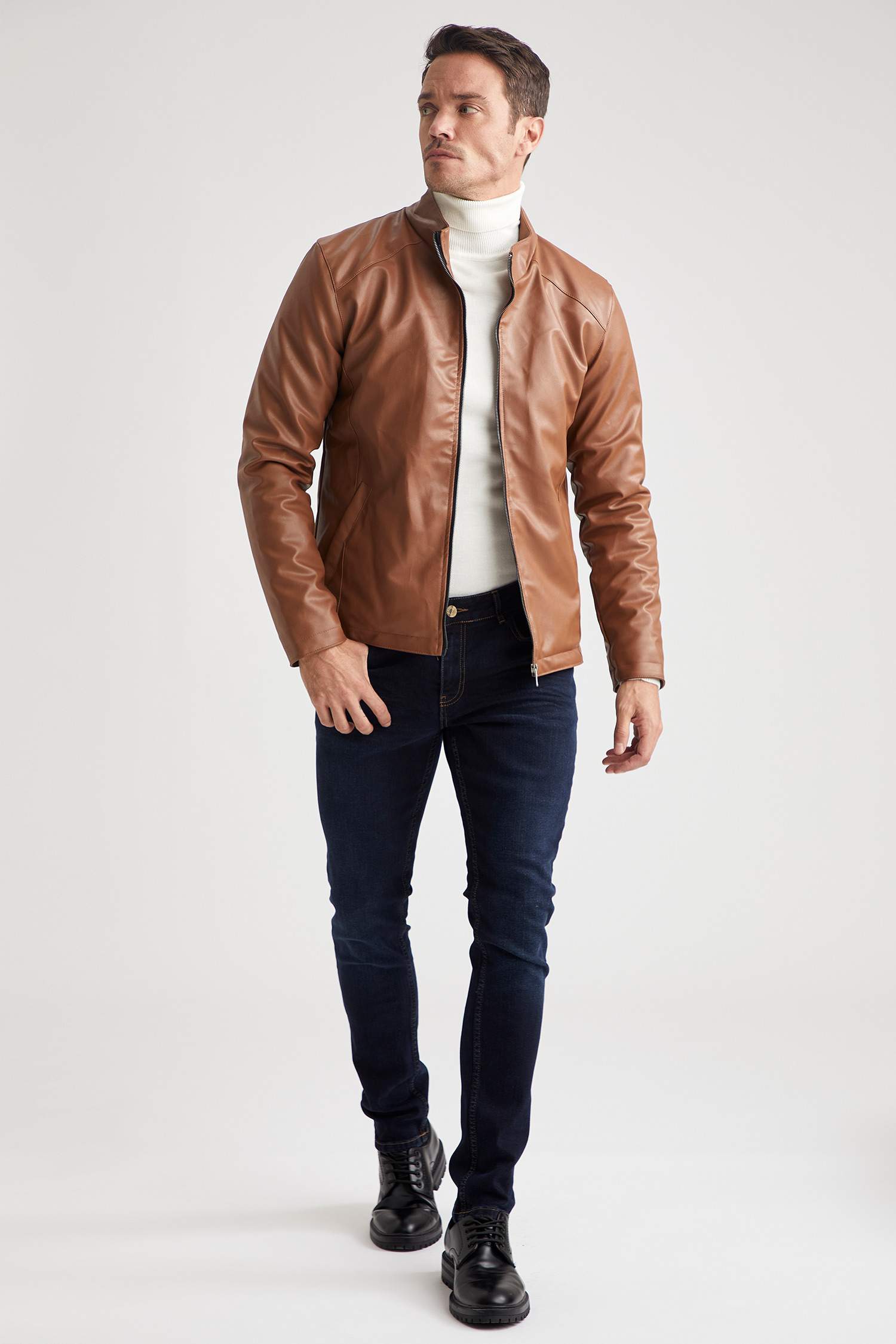 Suni Deri Slim Fit Dik Yaka Mont