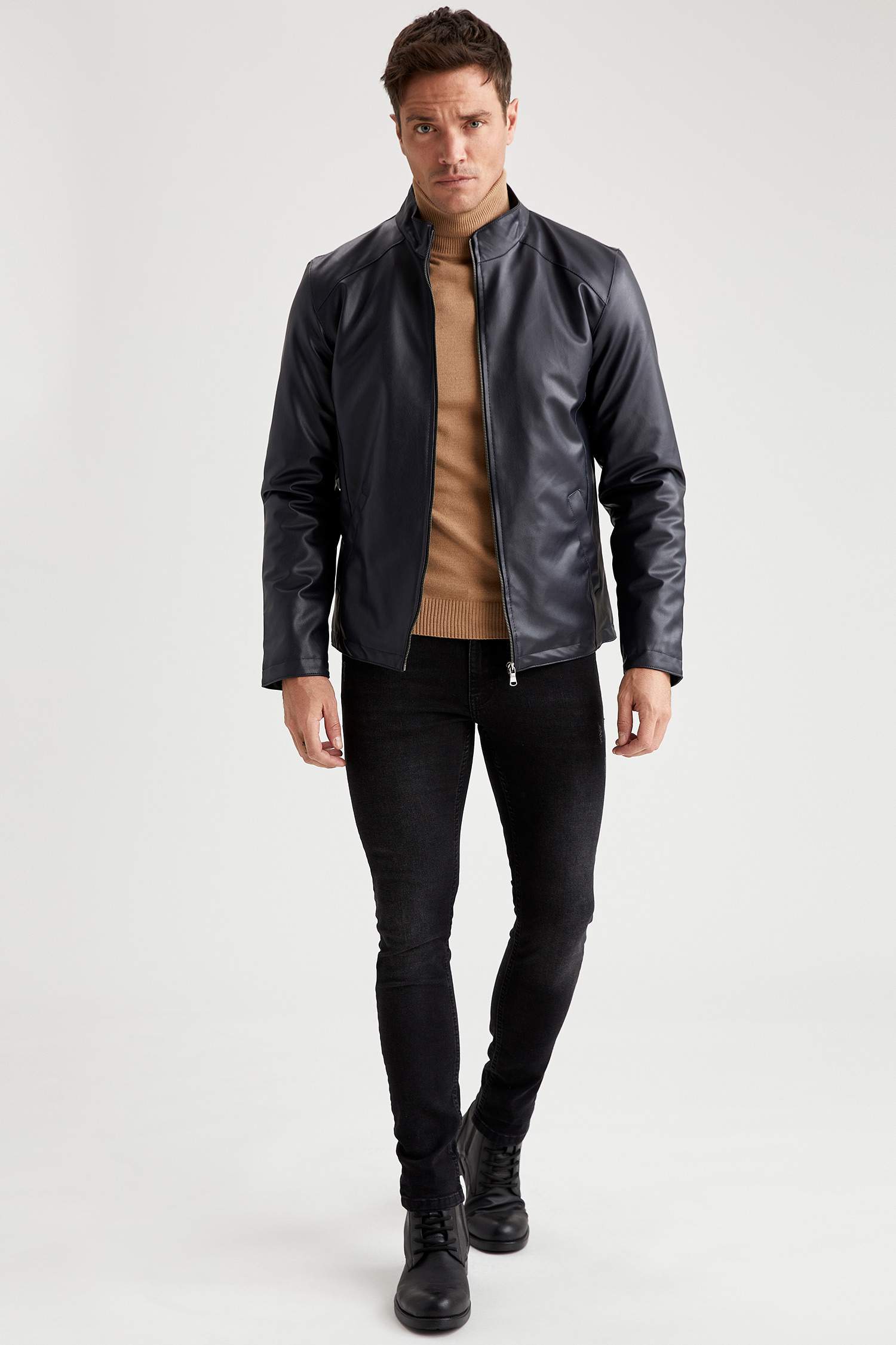 Suni Deri Slim Fit Dik Yaka Mont