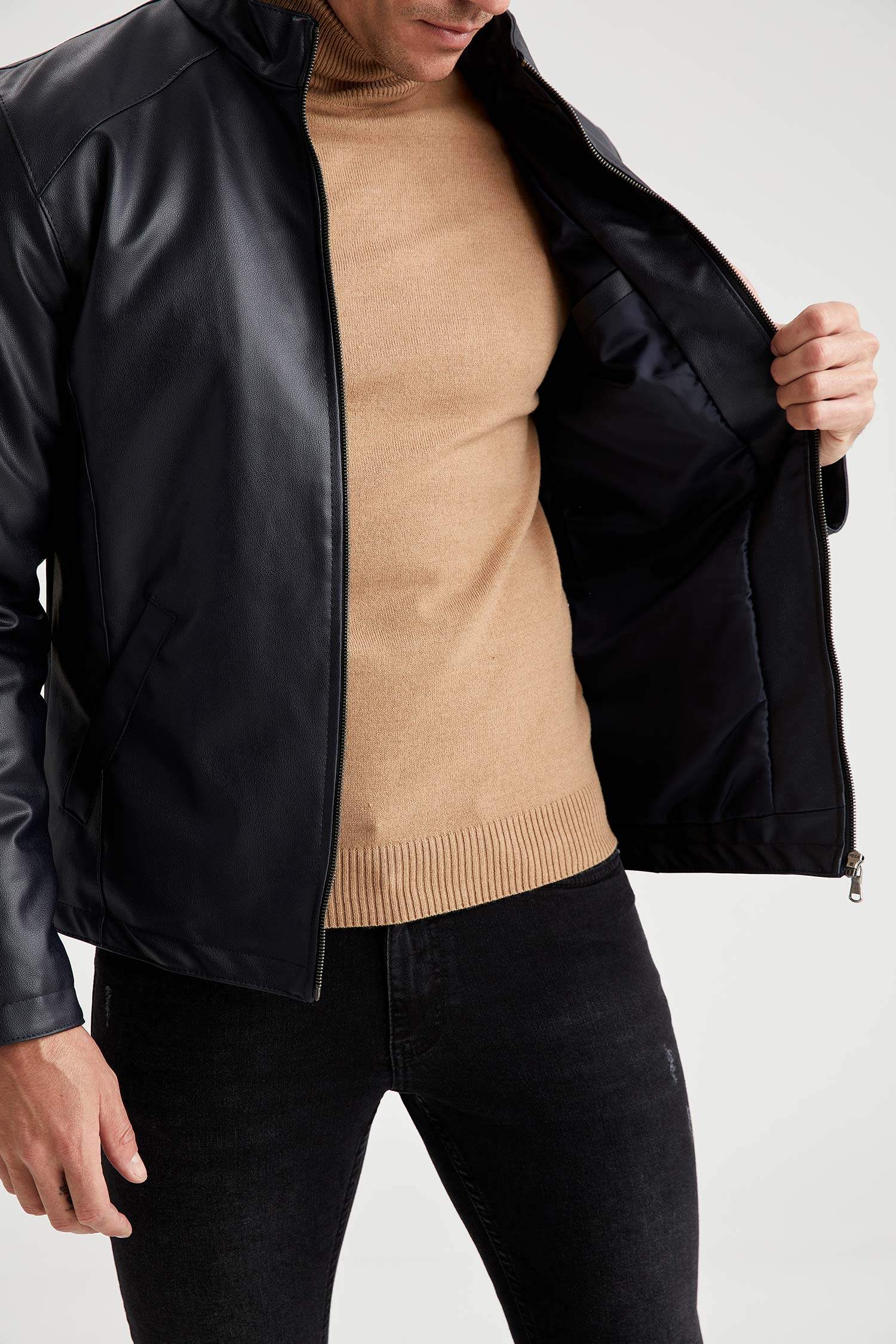 Suni Deri Slim Fit Dik Yaka Mont