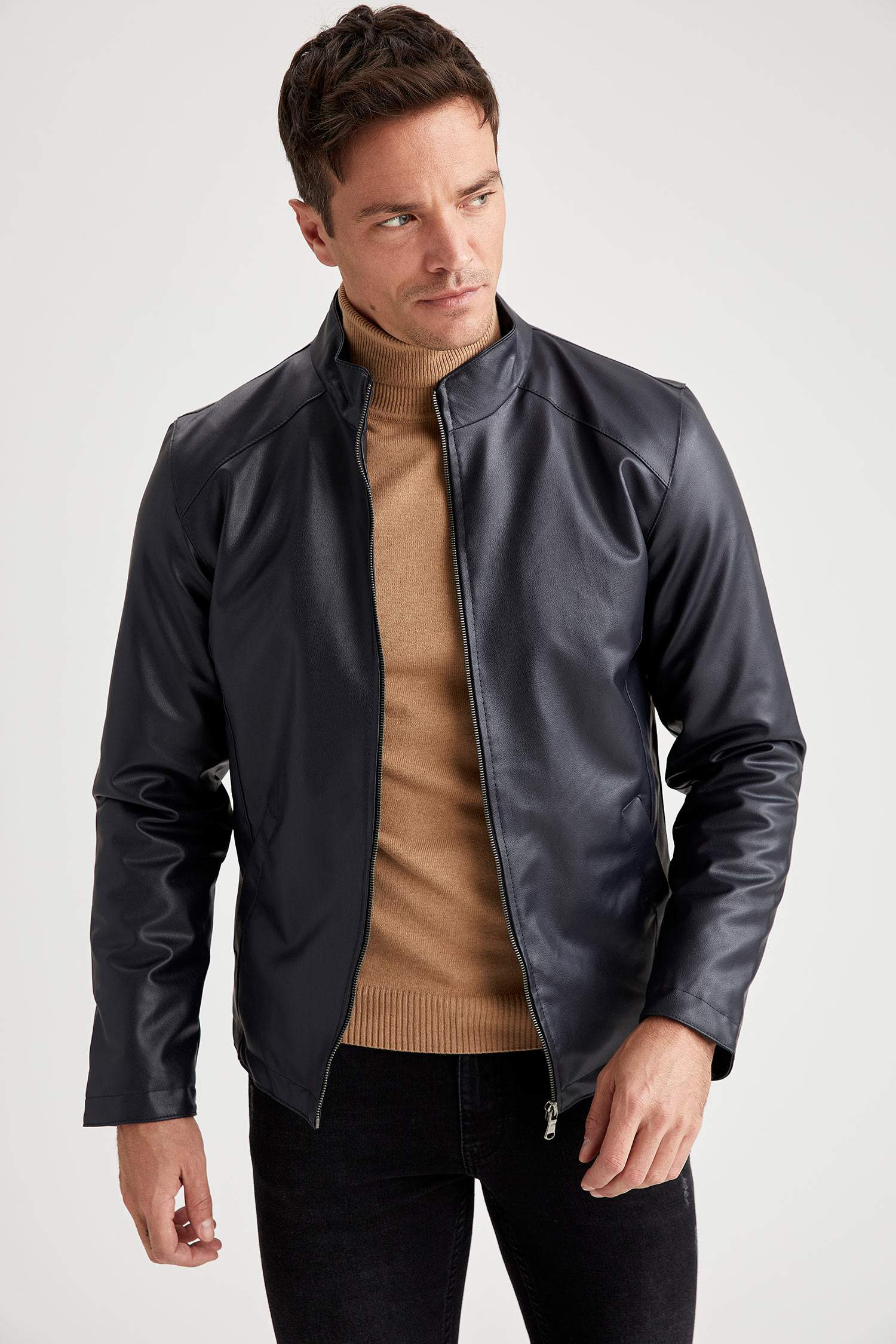 Suni Deri Slim Fit Dik Yaka Mont