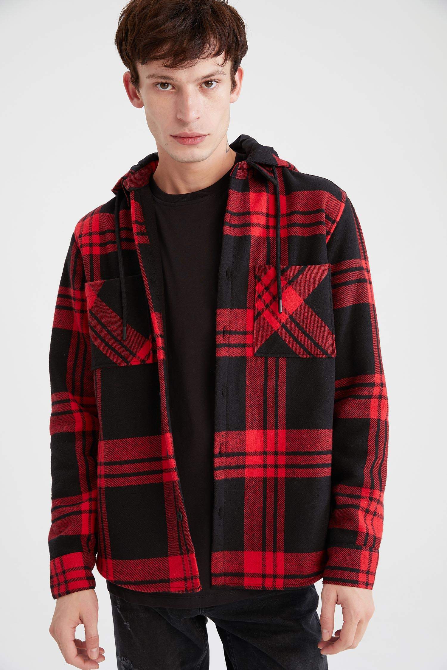 Ekose Regular Fit İçi Polar Kapüşonlu Oduncu Gömlek Ceket