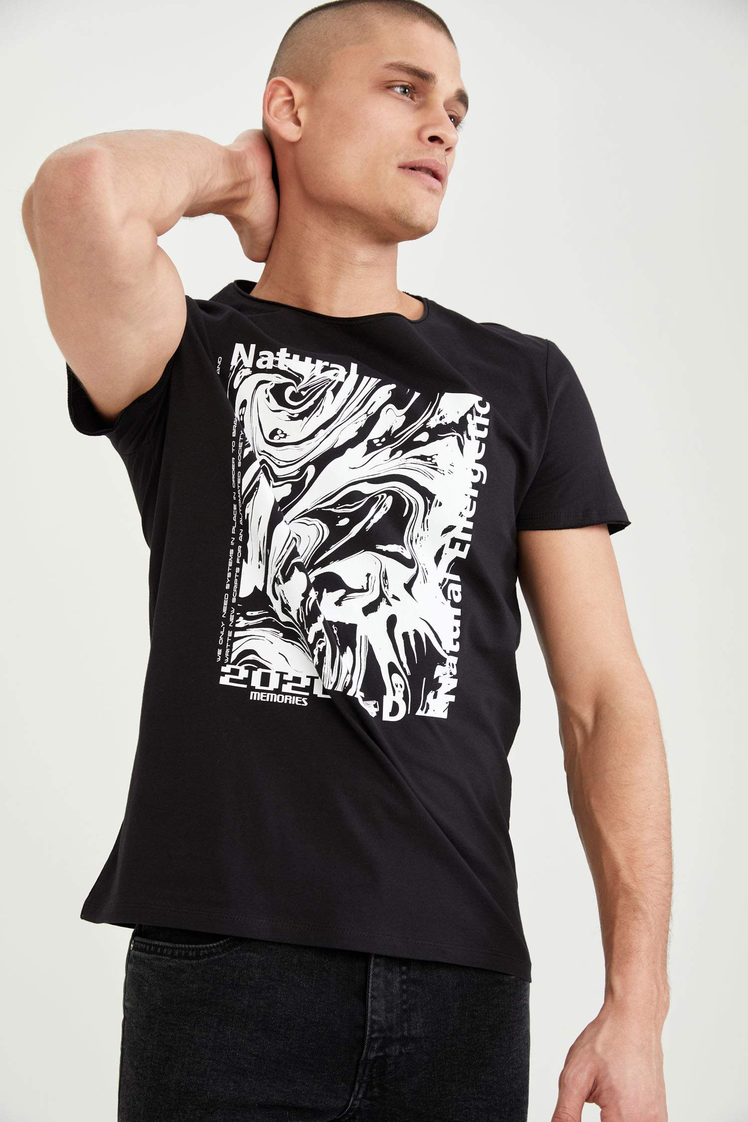 Naturel Baskılı Bisiklet Yaka Slim Fit Pamuklu Penye Tişört