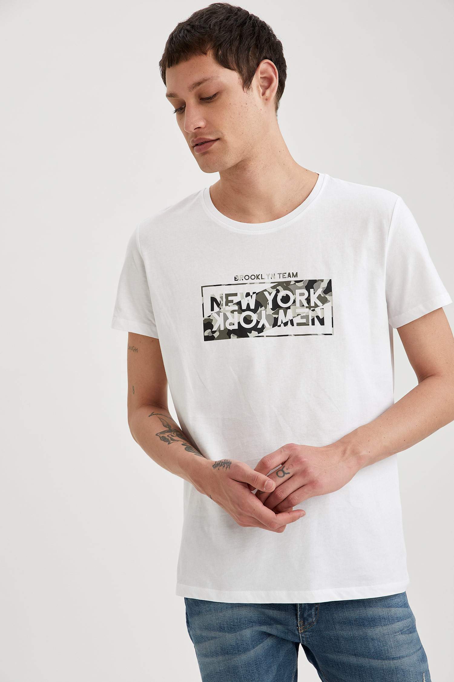 New York Baskılı Slim Fit Bisiklet Yaka Pamuklu Penye Tişört