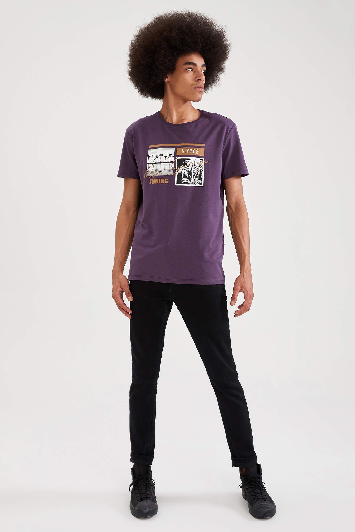 Baskılı Slim Fit Bisiklet Yaka Pamuklu Tişört