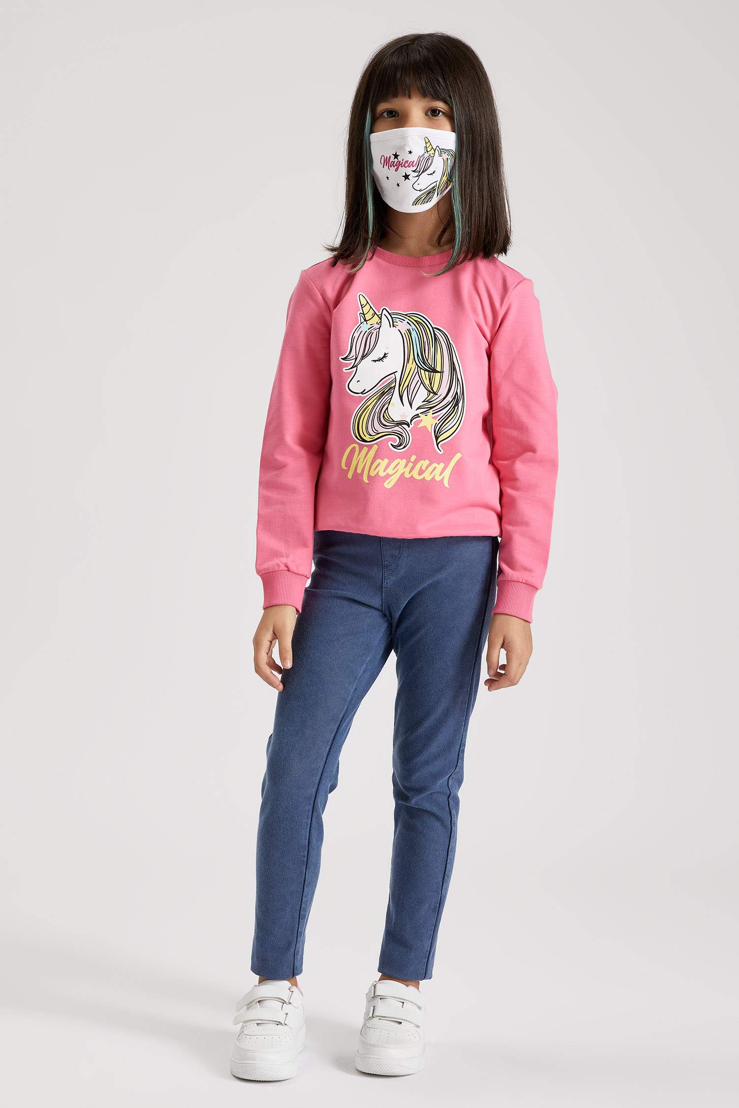 Kız Çocuk Unicorn Baskılı Sweatshirt ve Maske Takım