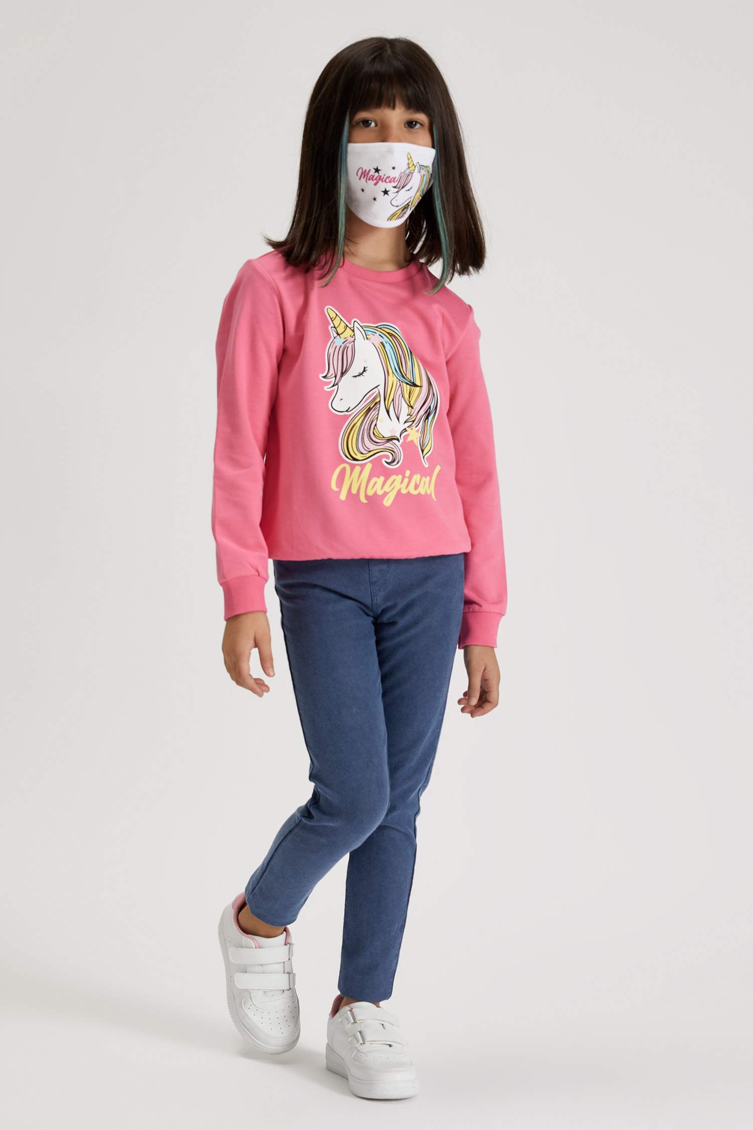 Kız Çocuk Unicorn Baskılı Sweatshirt ve Maske Takım