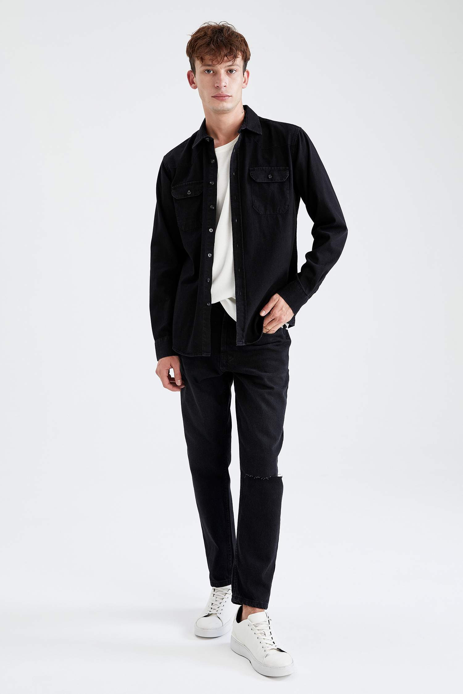 Uzun Kollu Slim Fit Jean Gömlek