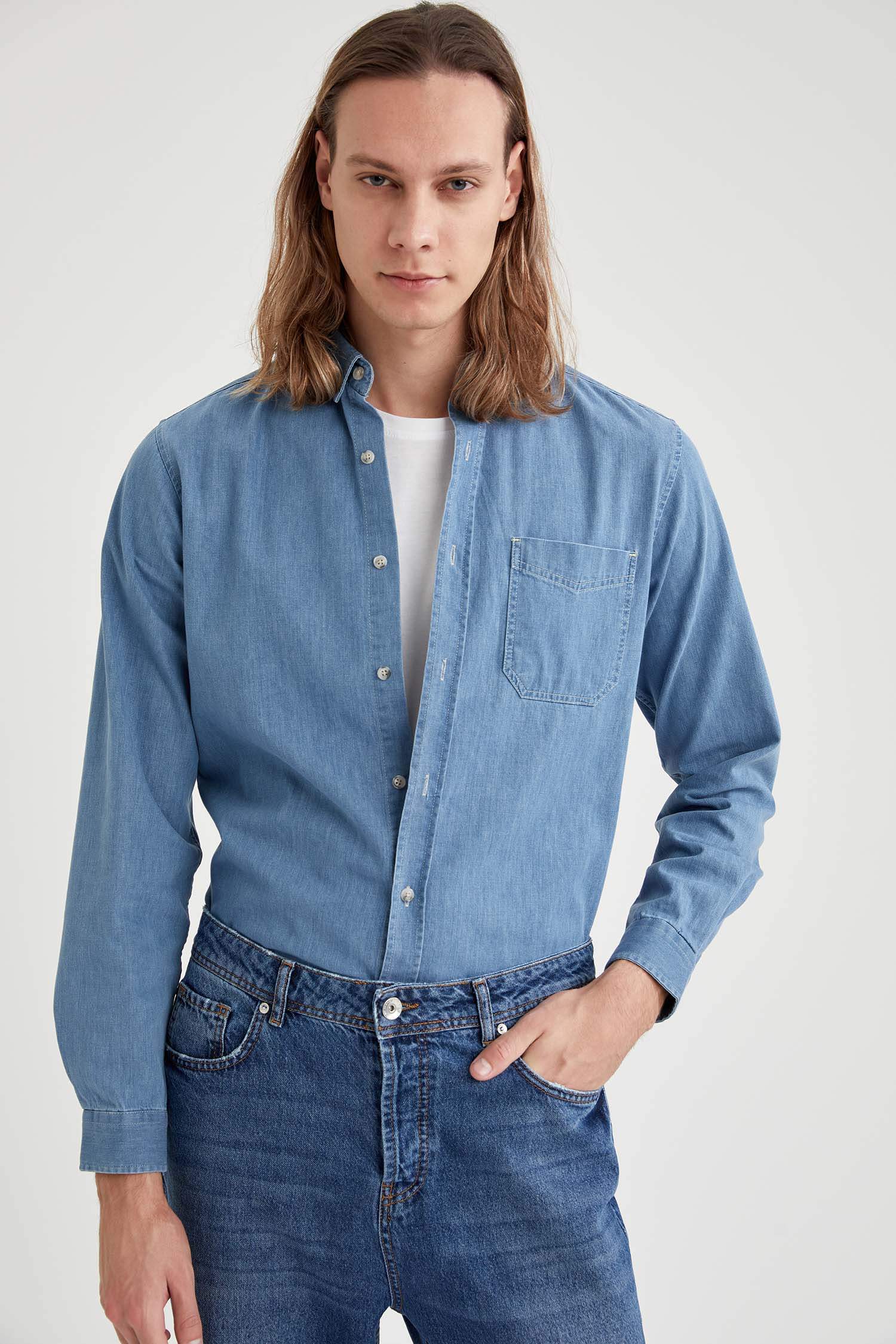 Slim Fit Uzun Kollu Jean Gömlek